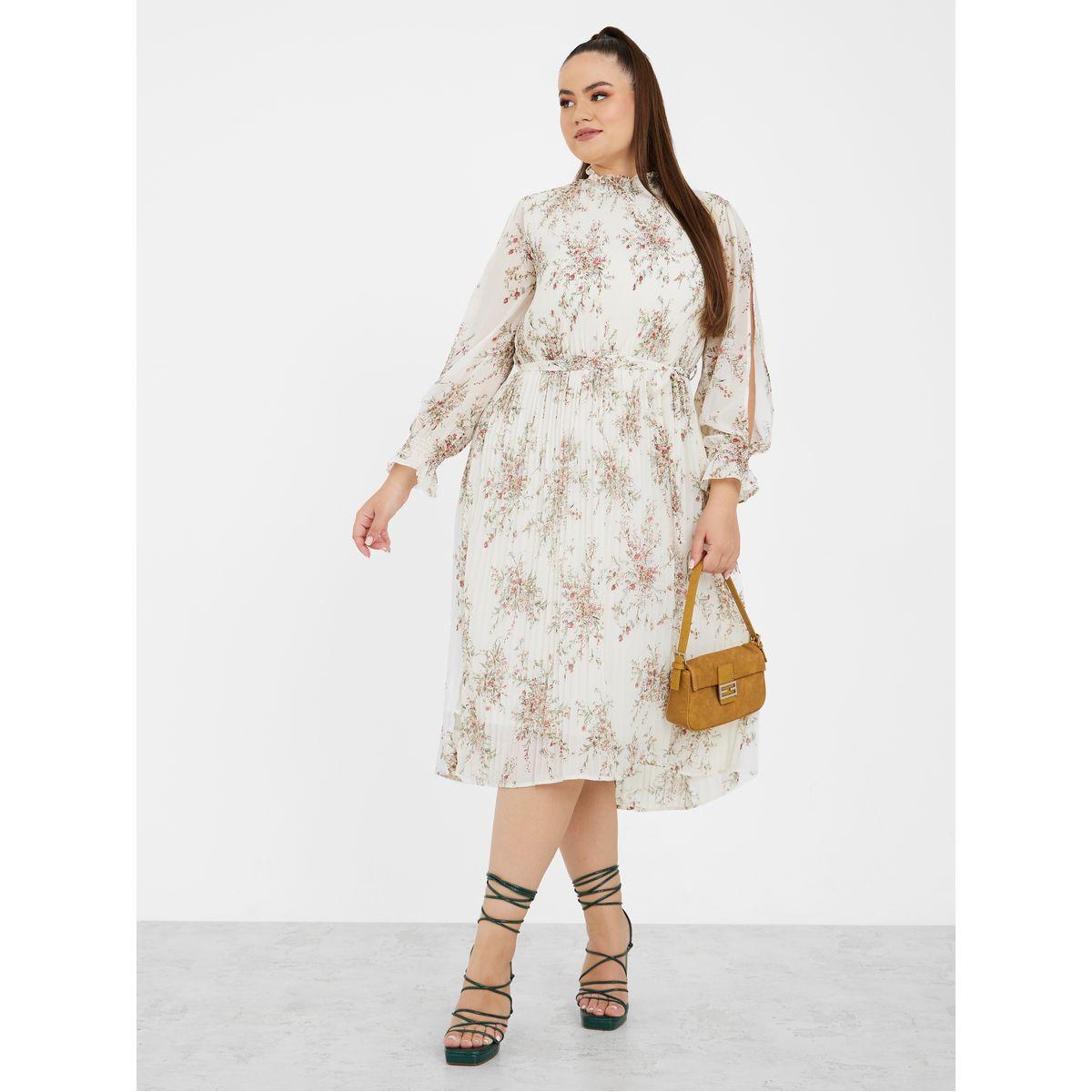 فستان ميدي بليسيه مطبع بزهور-women-clothing-dresses-image-1