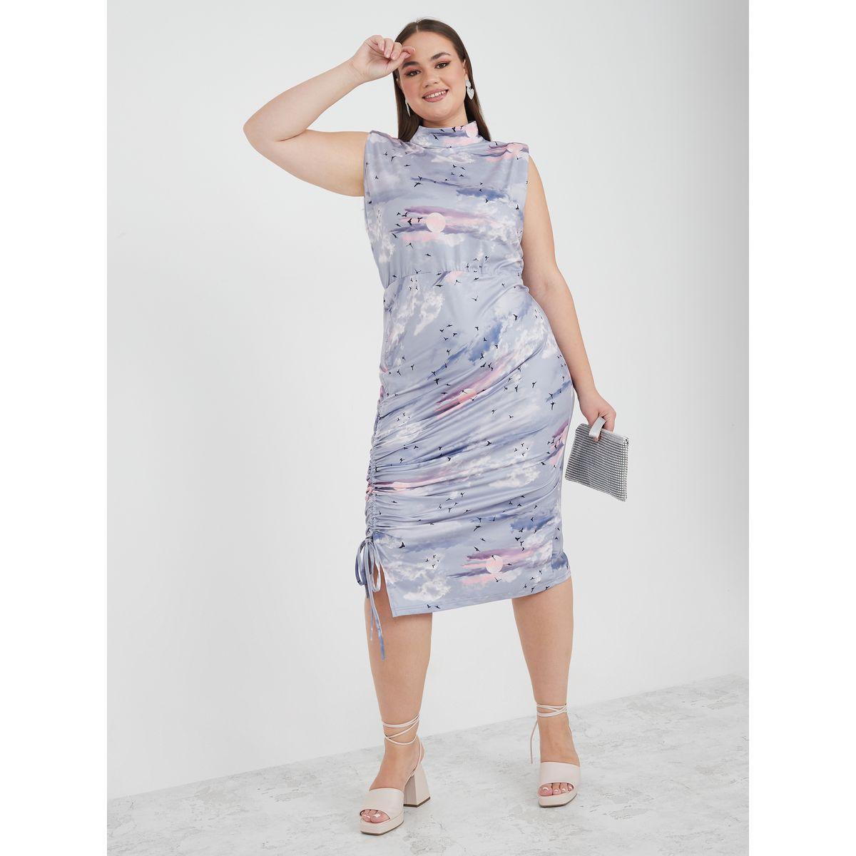 Styli Plus Printed High Neck Ruched Detail Midi Dress-women-clothing-dresses-image-1