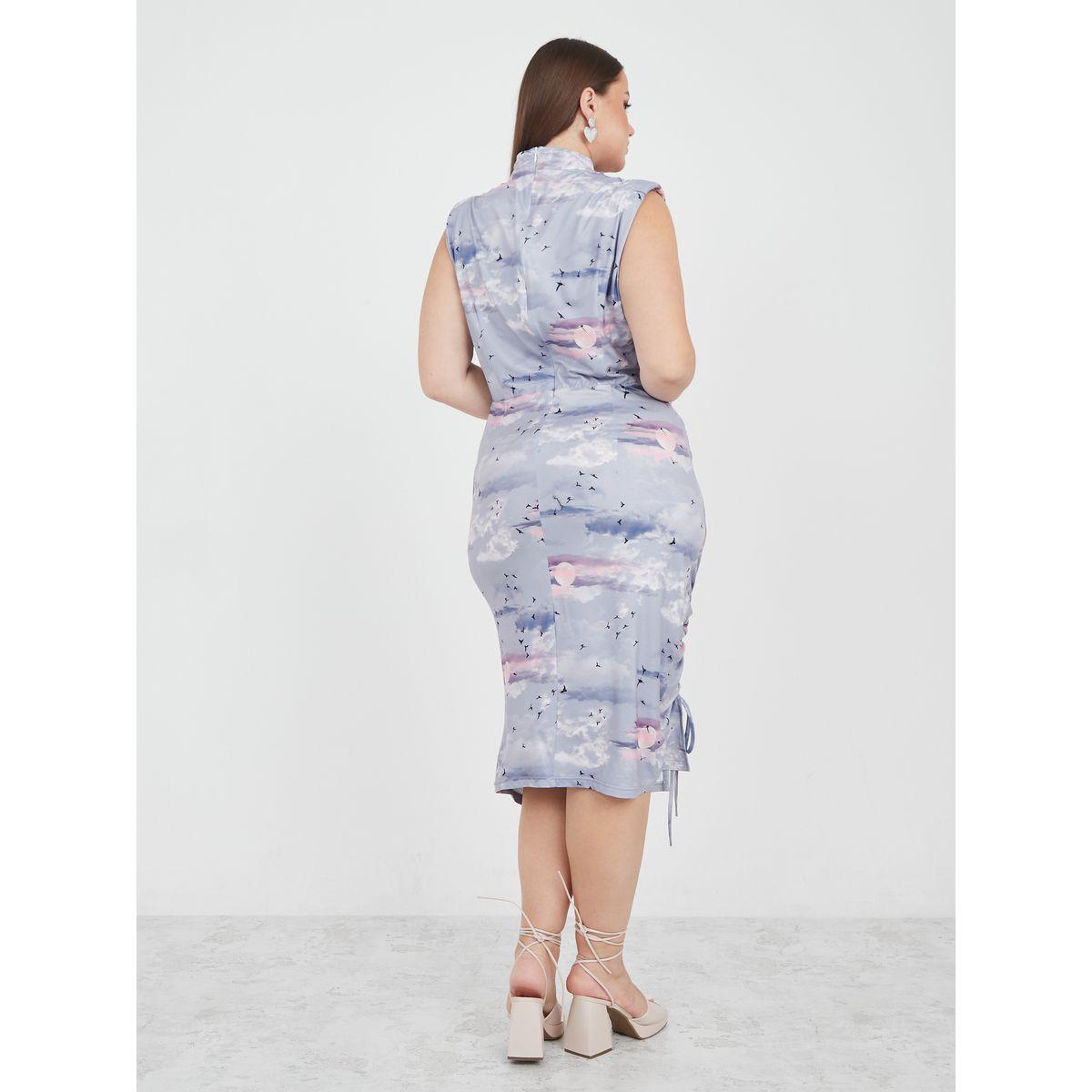 Styli Plus Printed High Neck Ruched Detail Midi Dress-women-clothing-dresses-image-4
