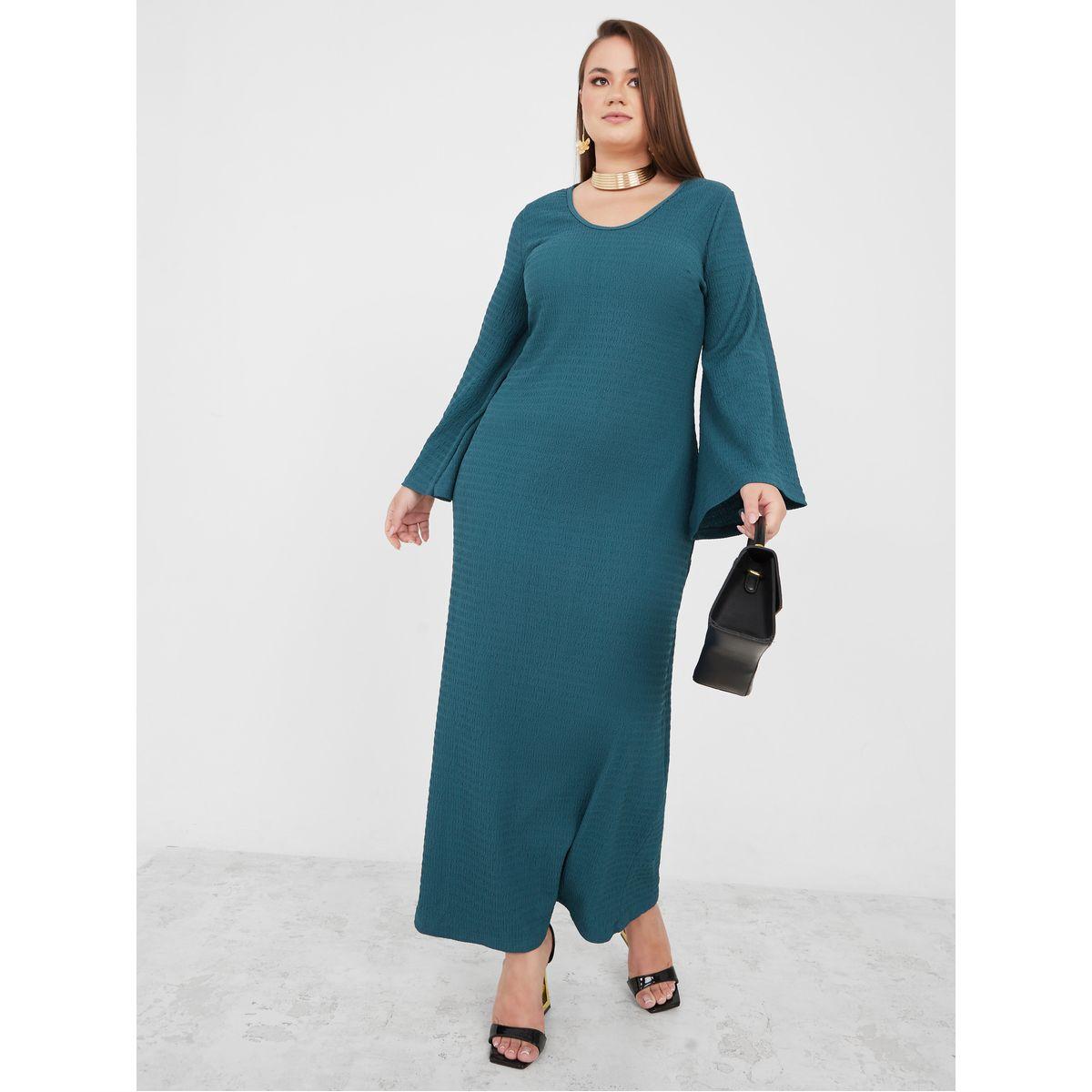 Styli Plus Bell Sleeve Textured Maxi Dress-women-clothing-dresses-image-1