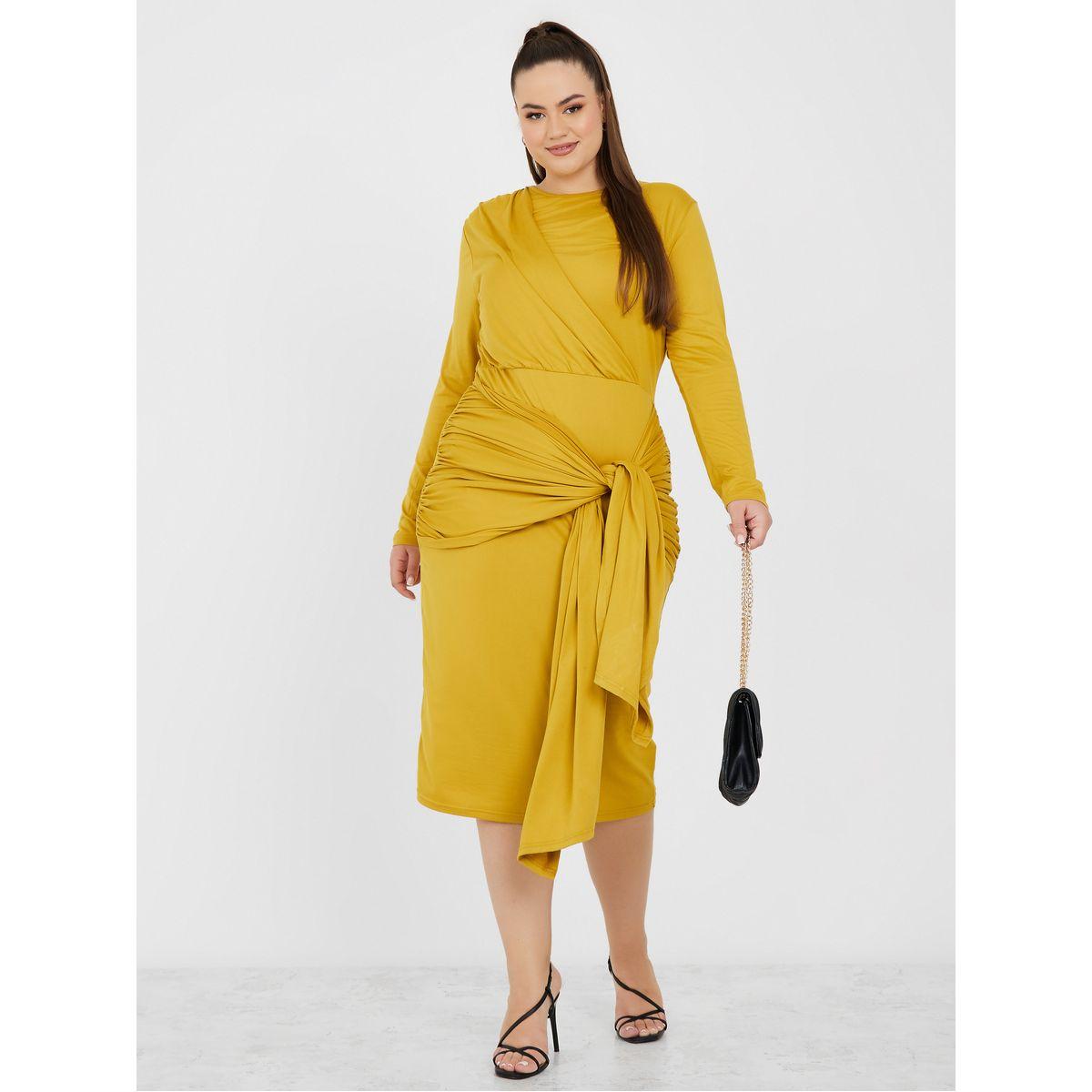 Styli Plus Long Sleeves Front Tie Detail Midi Dress-women-clothing-dresses-image-1