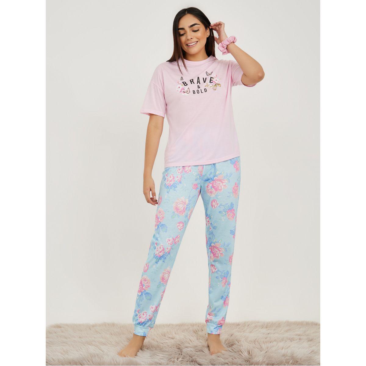 Styli Unwind Slogan Print T-shirt & Cuffed Pyjama Set-women-clothing-nightwear-pyjamas-longsets-image-1