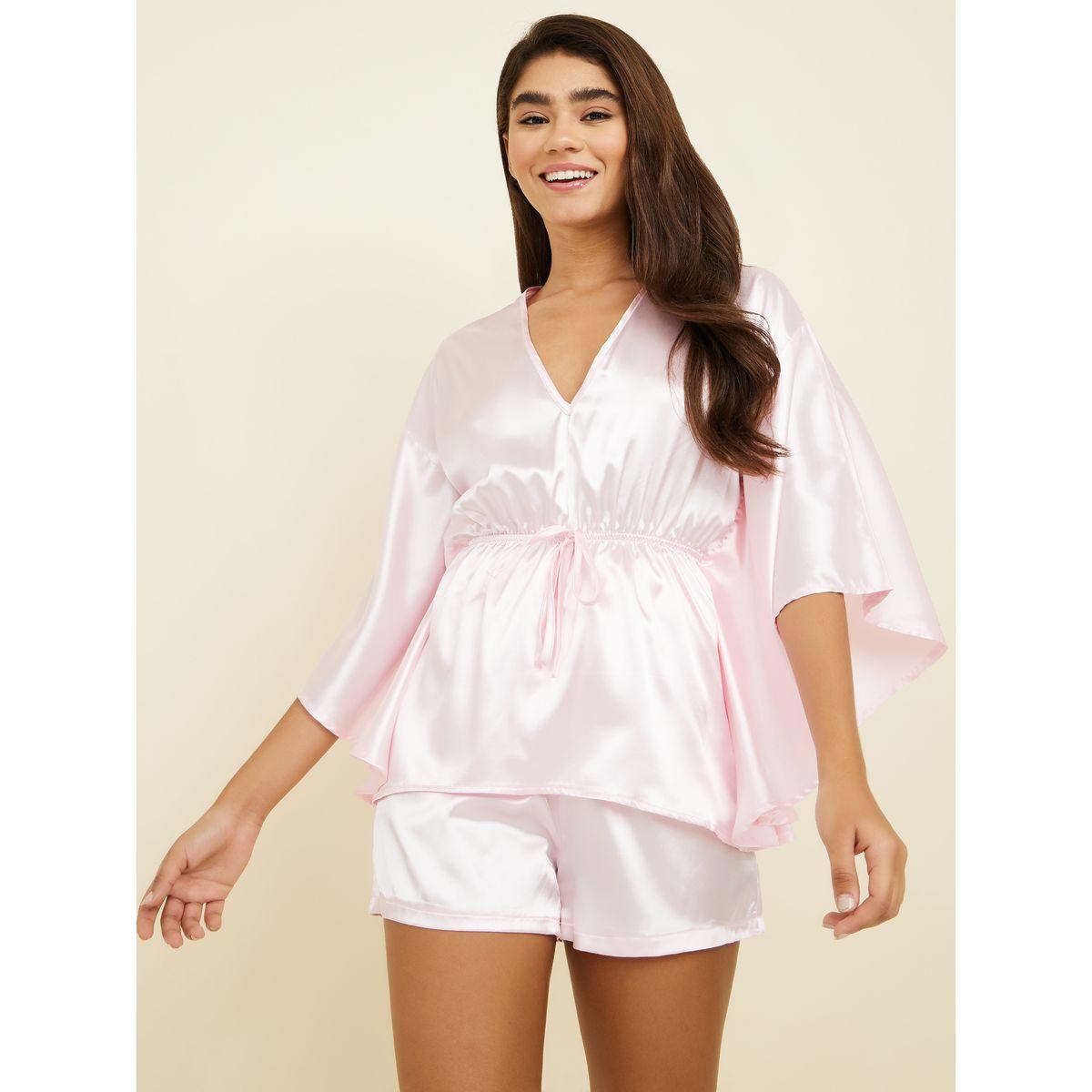 Styli Unwind Satin Kimono Top & Short Set-women-clothing-nightwear-pyjamas-shortsets-image-1