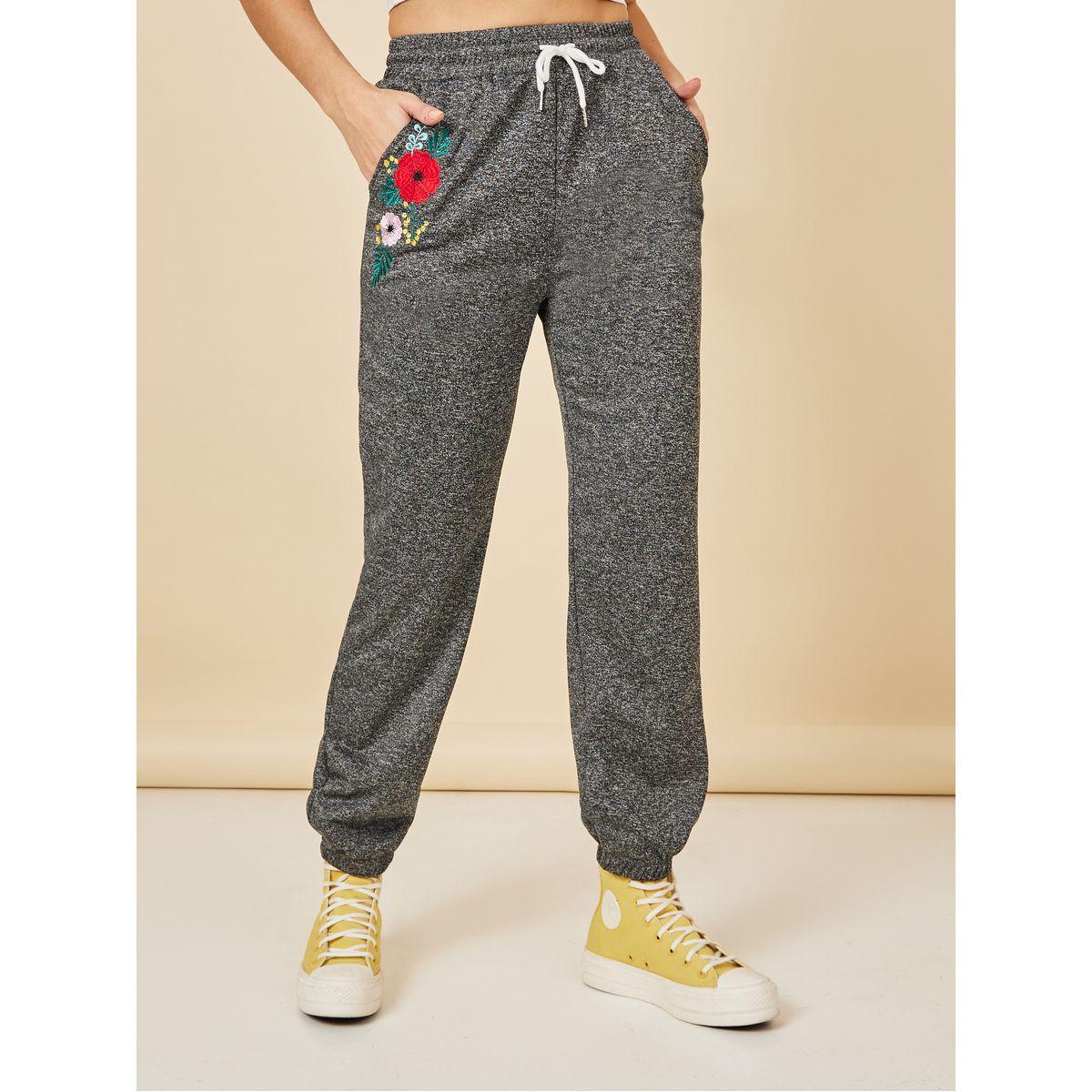 Styli Embroidered Detail Melange Jogger with Drawstring-women-clothing-bottoms-joggers-image-1