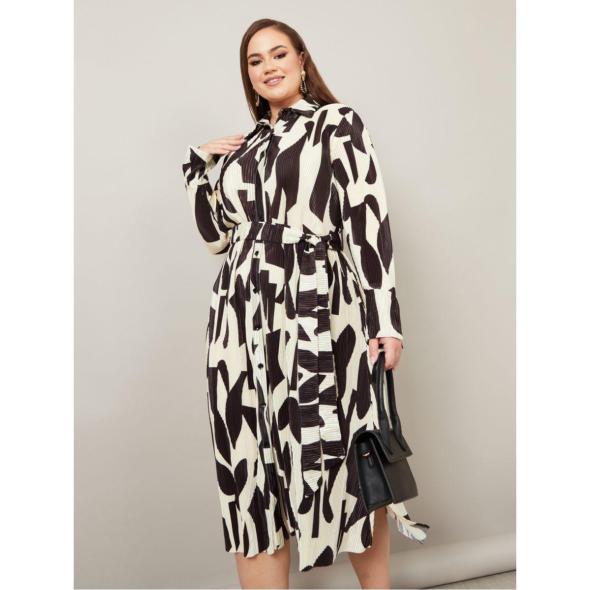 Styli Plus Abstract Print Plisse Shirt Midi Dress-women-clothing-dresses-image-1