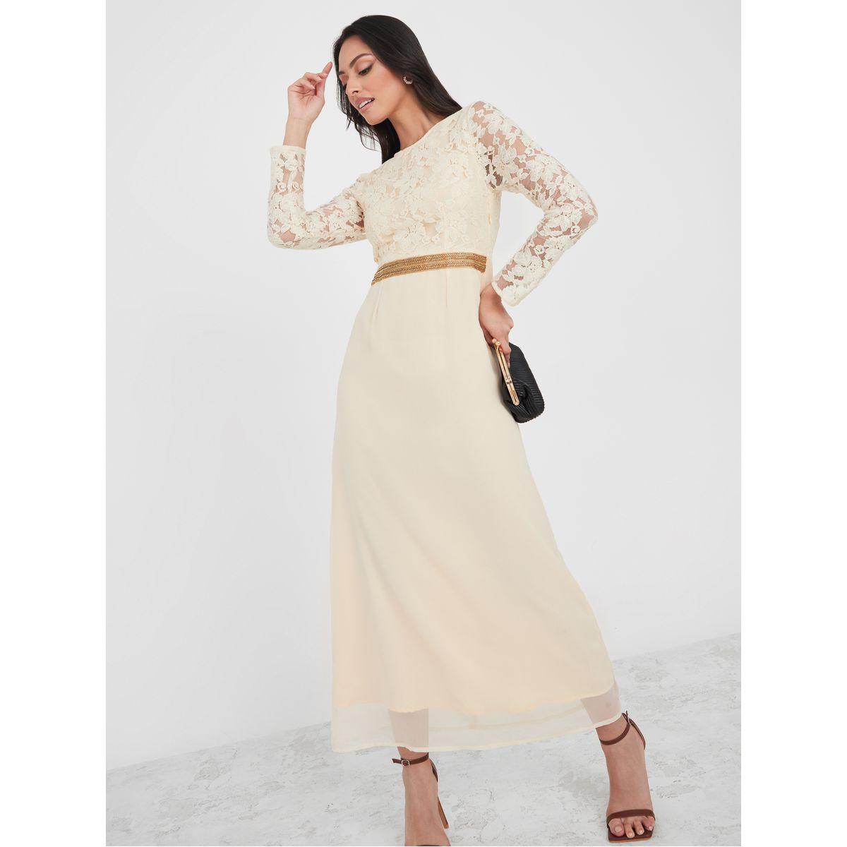 Styli Lace Insert A-Line Maxi Dress with Beaded Waist-women-clothing-dresses-image-1