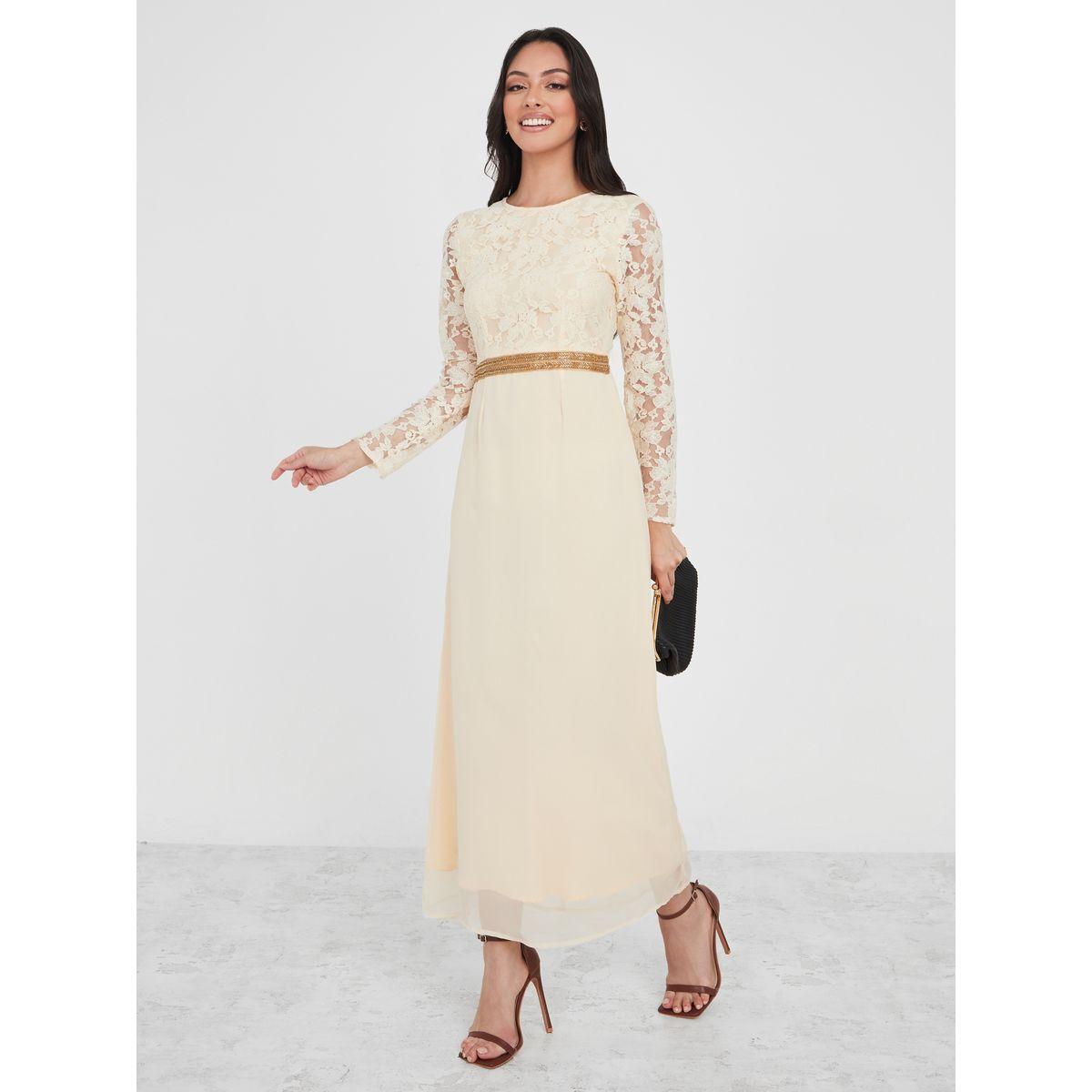 Styli Lace Insert A-Line Maxi Dress with Beaded Waist-women-clothing-dresses-image-2