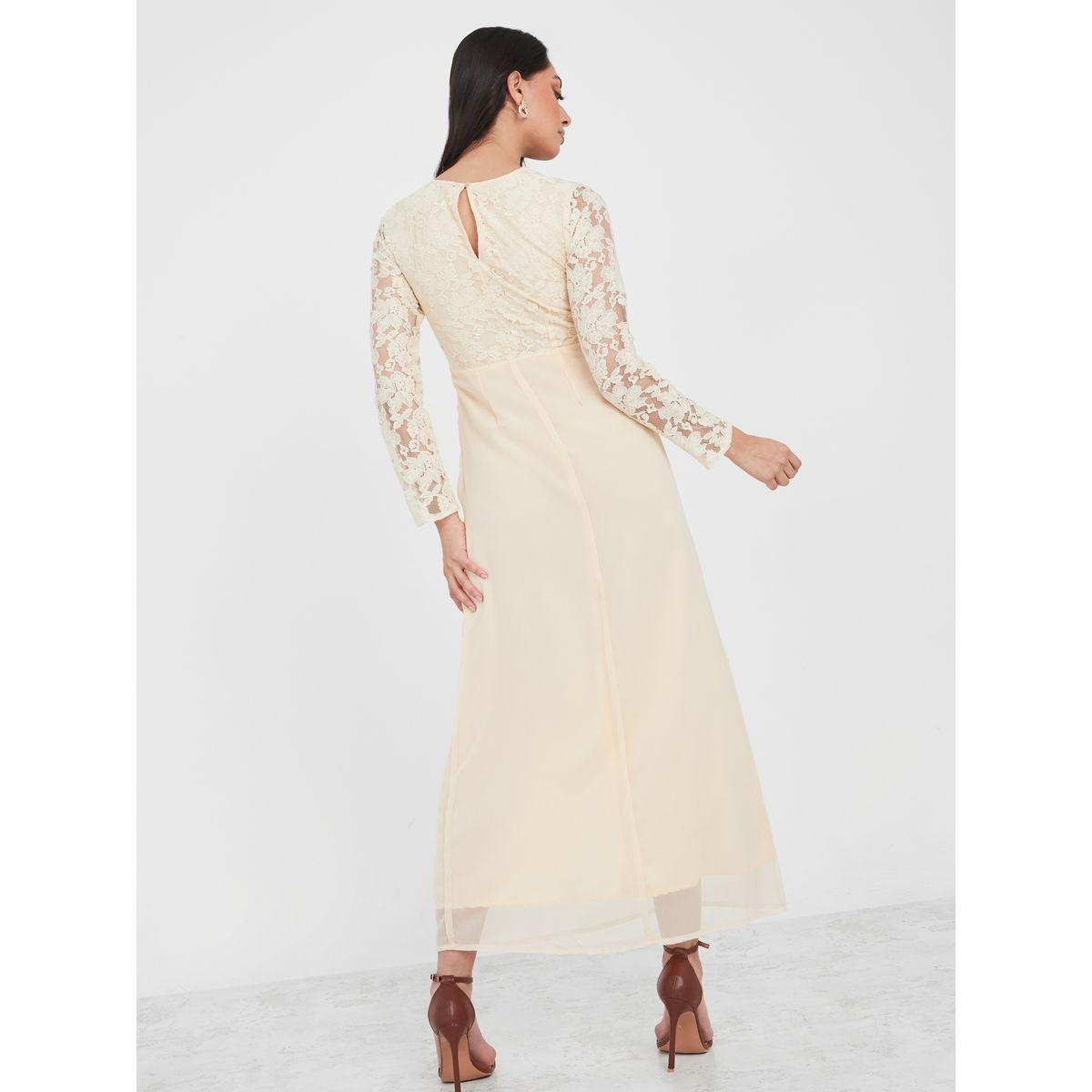 Styli Lace Insert A-Line Maxi Dress with Beaded Waist-women-clothing-dresses-image-4