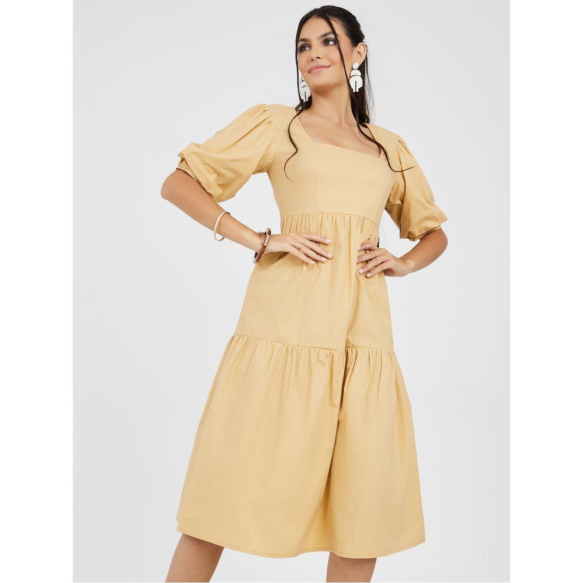 فستان ميدي بكسرات واكمام منفوشة-women-clothing-dresses-image-1