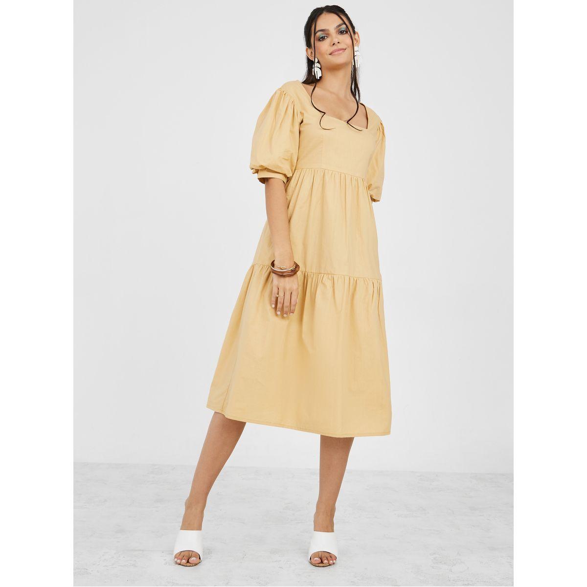 Styli Square Neck Puff Sleeve Tiered Midi Dress-women-clothing-dresses-image-2