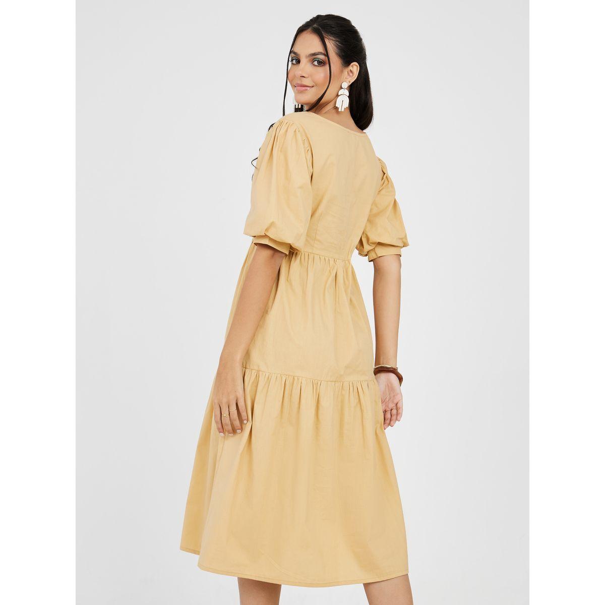 فستان ميدي بكسرات واكمام منفوشة-women-clothing-dresses-image-4