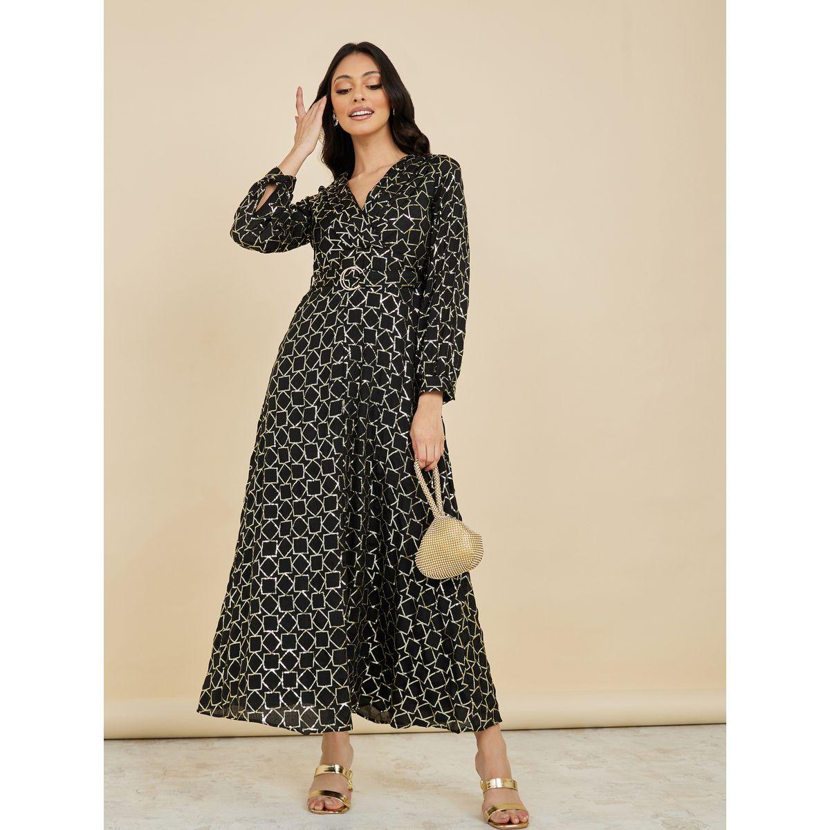 Styli Sequin Detail Buckle Belt A-Line Maxi Dress-women-clothing-dresses-image-1