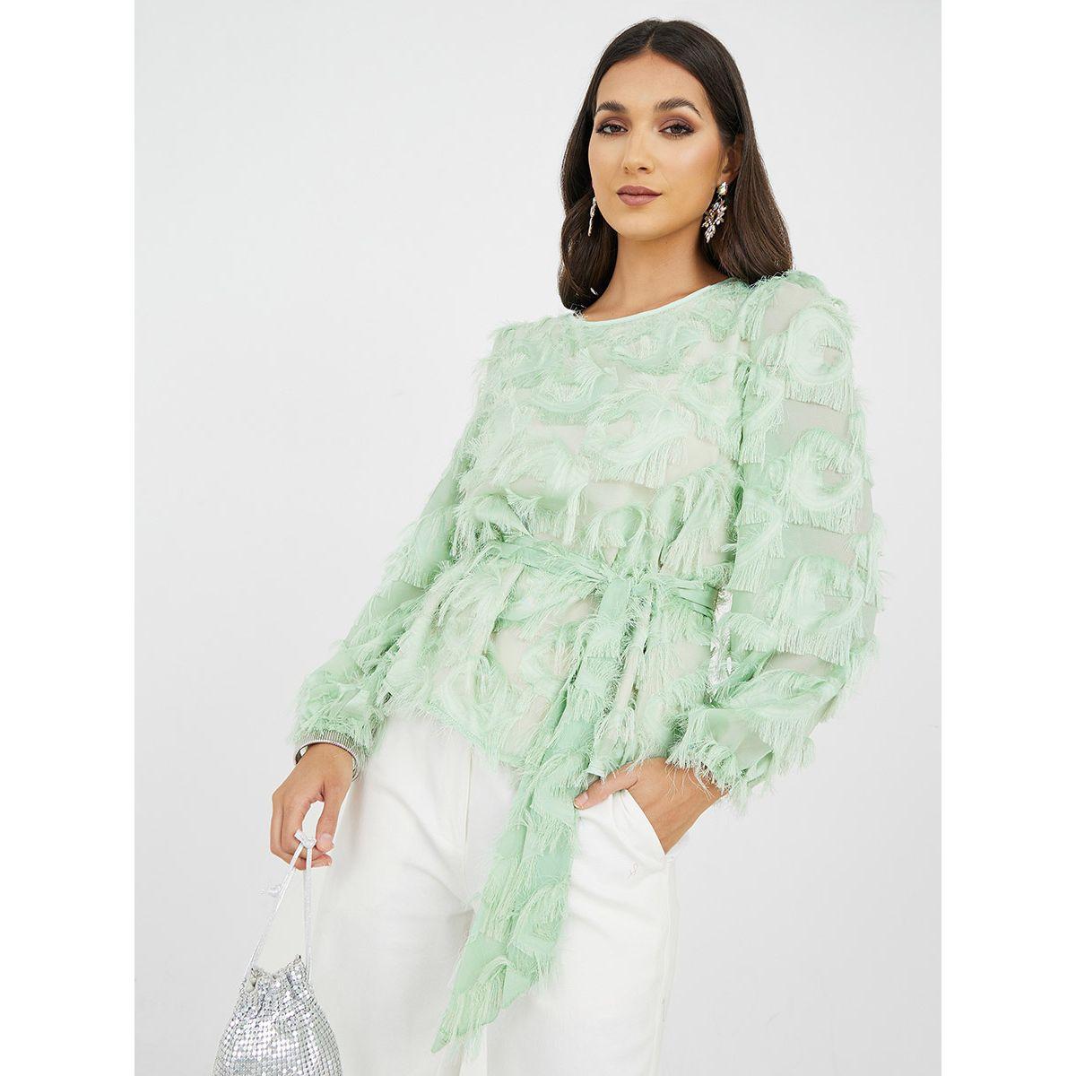 بلوزة مزينة بأربطة وفرو صناعي-women-clothing-shirtsandblouses-blouses-image-1