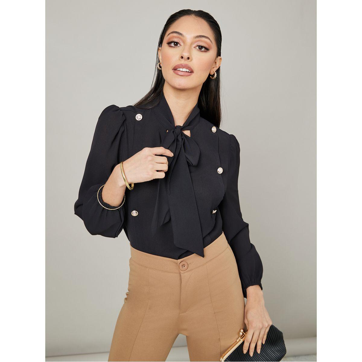 Styli Tie-Up Neck Button Detail Regular Fit Blouse-women-clothing-shirtsandblouses-blouses-image-1