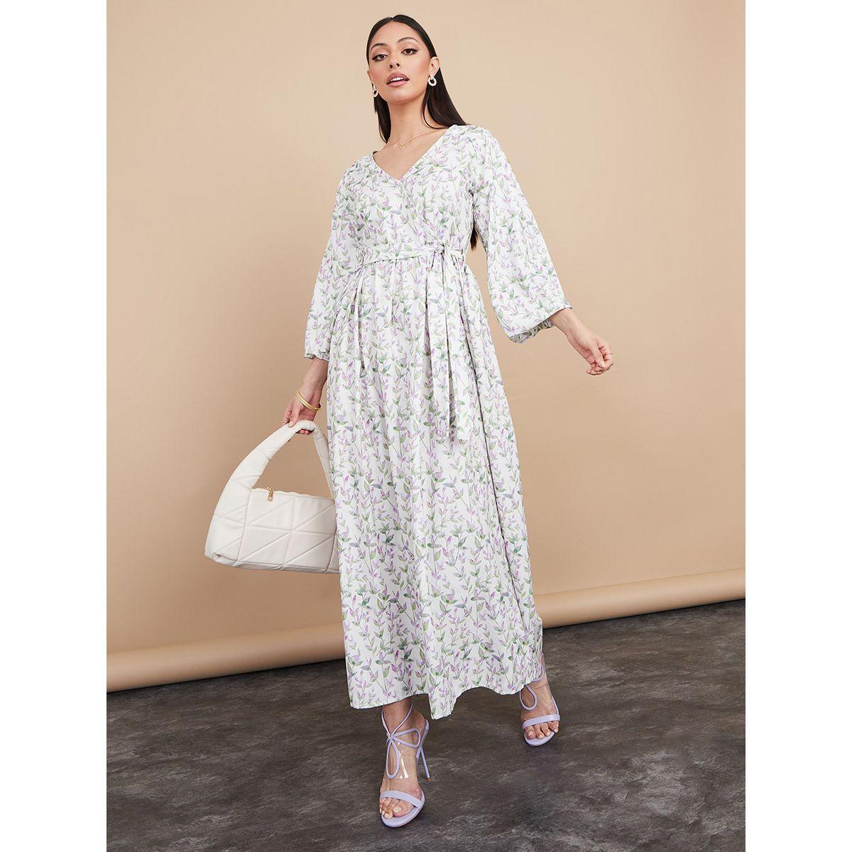 Styli 3/4 Sleeves Floral Print Wrap Front Maxi Dress-women-clothing-dresses-image-2