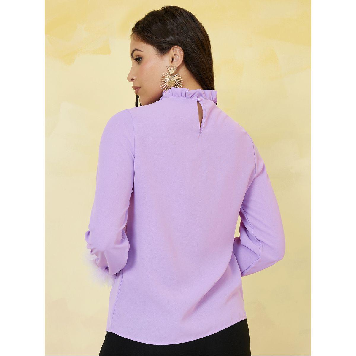 بلوزة بياقة عالية مزينة بفرو صناعي-women-clothing-shirtsandblouses-blouses-image-5