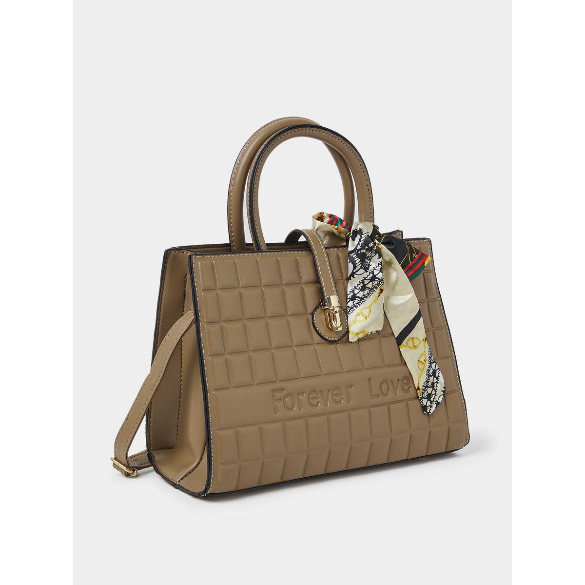 Styli Square Texture Handbag with Printed Scarf Detail-women-bagsandwallets-handbags-image-1
