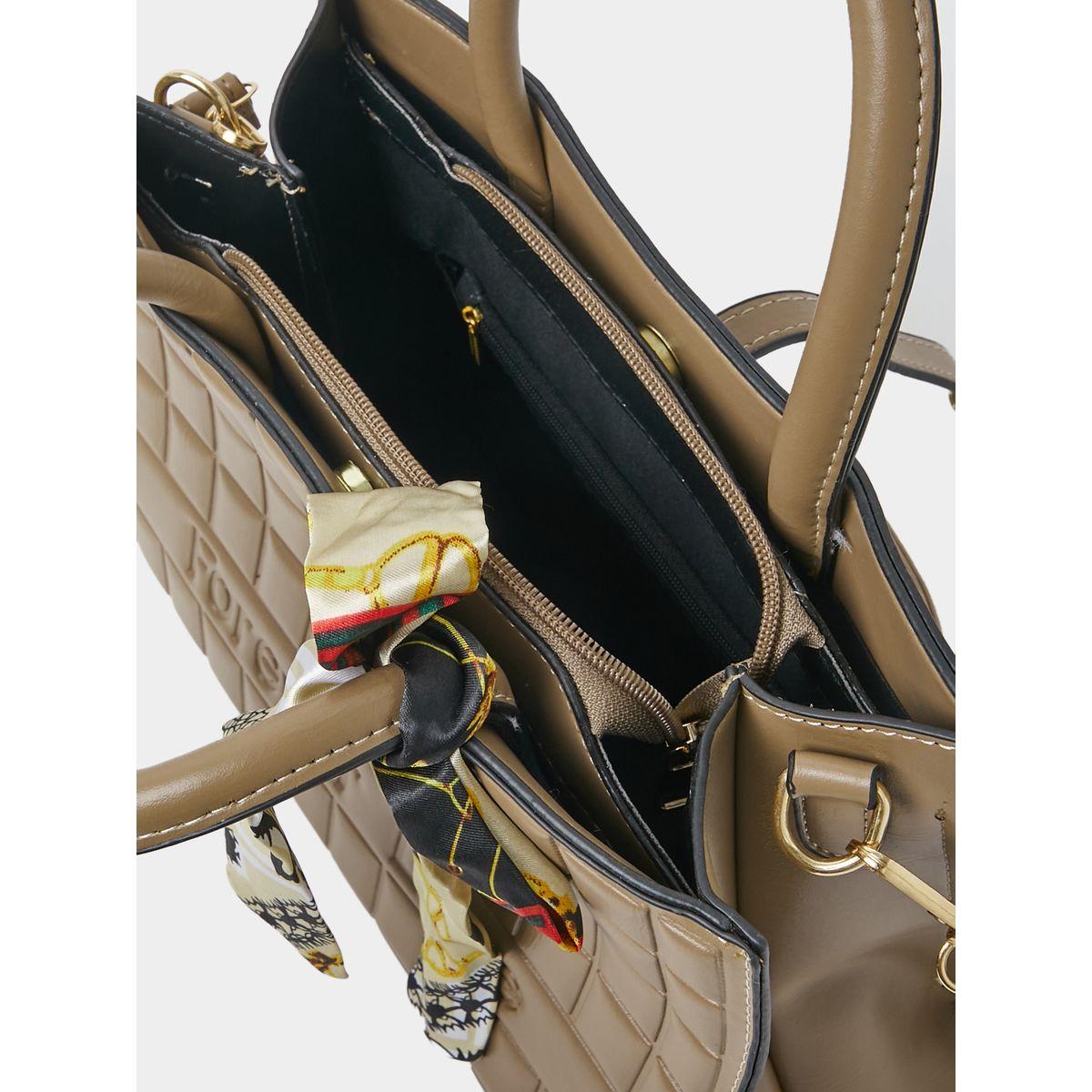 Styli Square Texture Handbag with Printed Scarf Detail-women-bagsandwallets-handbags-image-4