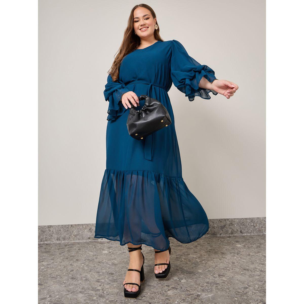 Styli Plus Ruffle Sleeve Tie Belt A-Line Maxi Dress-women-clothing-dresses-image-1