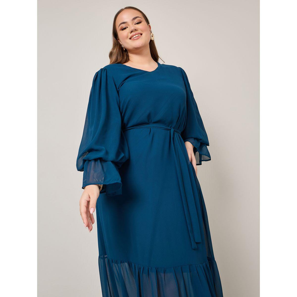 Styli Plus Ruffle Sleeve Tie Belt A-Line Maxi Dress-women-clothing-dresses-image-2
