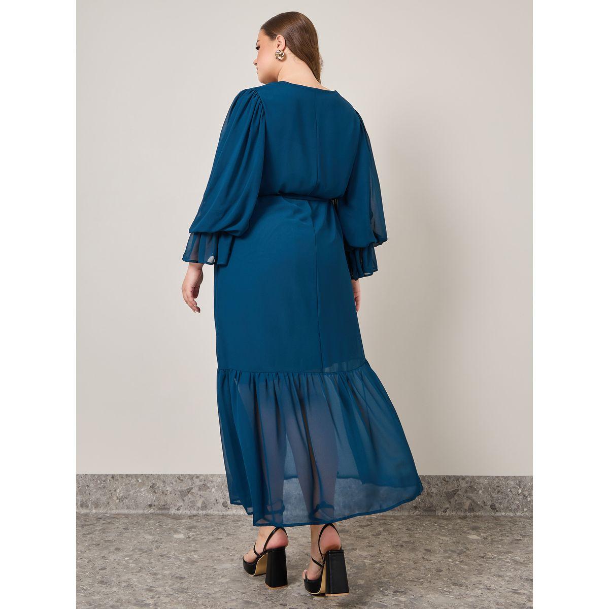 Styli Plus Ruffle Sleeve Tie Belt A-Line Maxi Dress-women-clothing-dresses-image-4