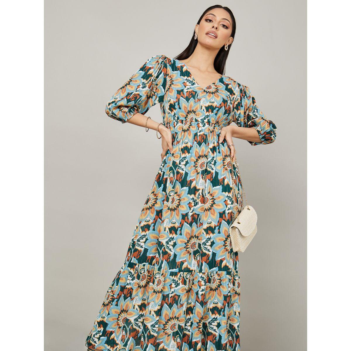 Styli 3/4 Sleeves Floral Print Tiered Maxi Dress-women-clothing-dresses-image-2