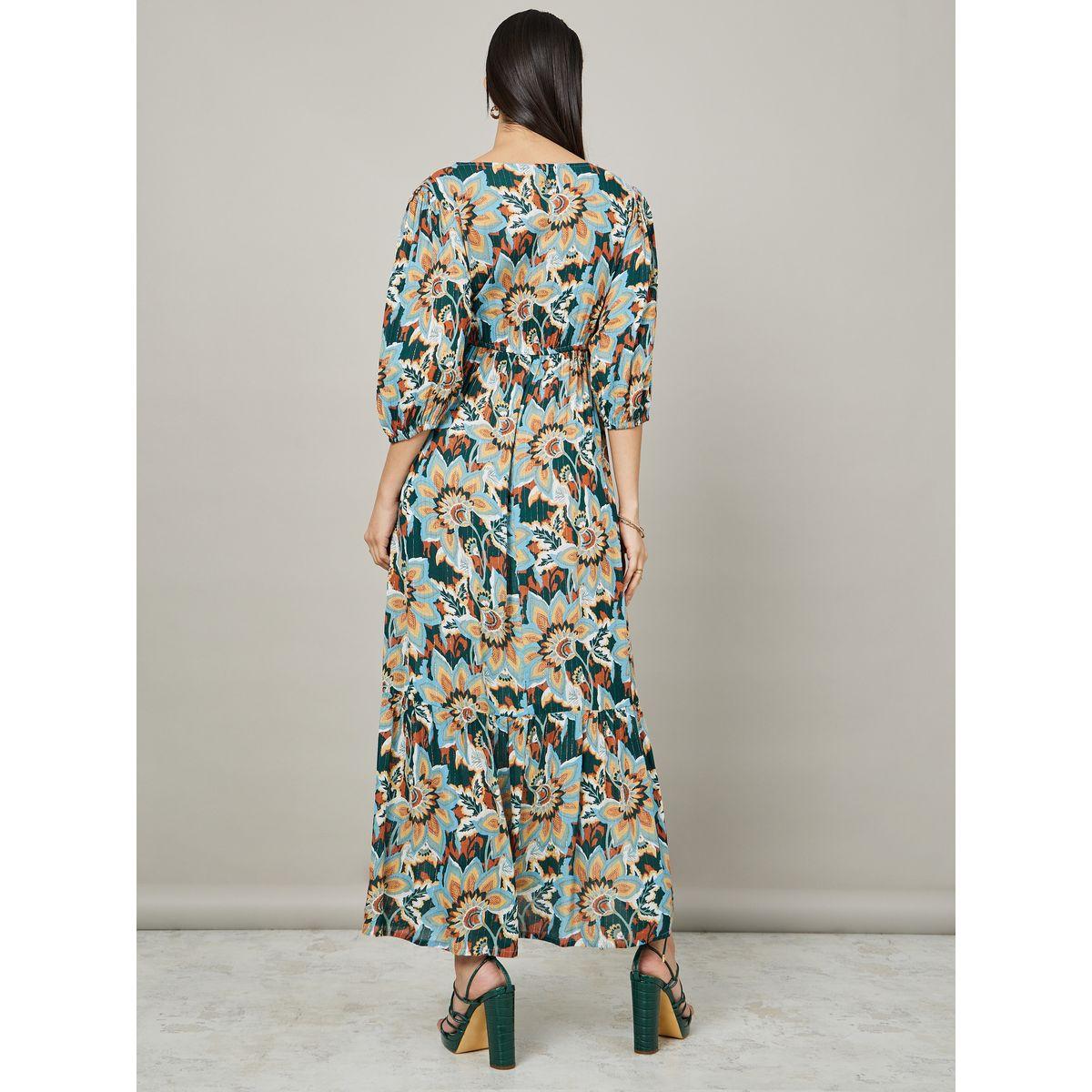Styli 3/4 Sleeves Floral Print Tiered Maxi Dress-women-clothing-dresses-image-4
