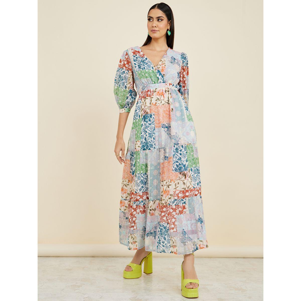 Styli Puff Sleeves Patchwork Print Tiered Maxi Dress-women-clothing-dresses-image-2