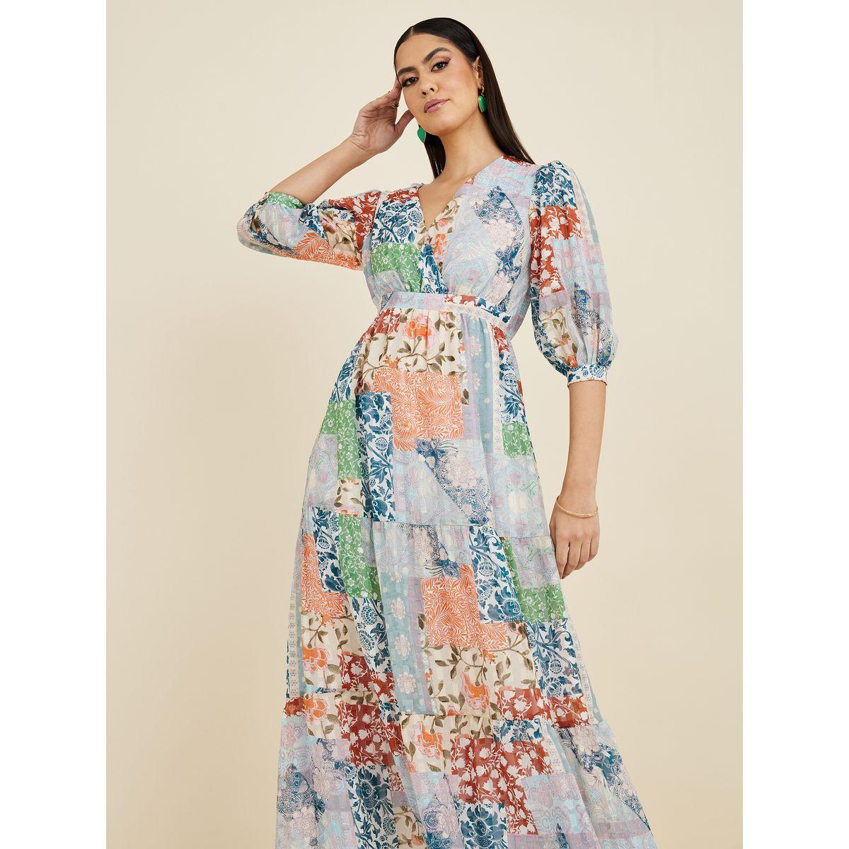 Styli Puff Sleeves Patchwork Print Tiered Maxi Dress-women-clothing-dresses-image-3