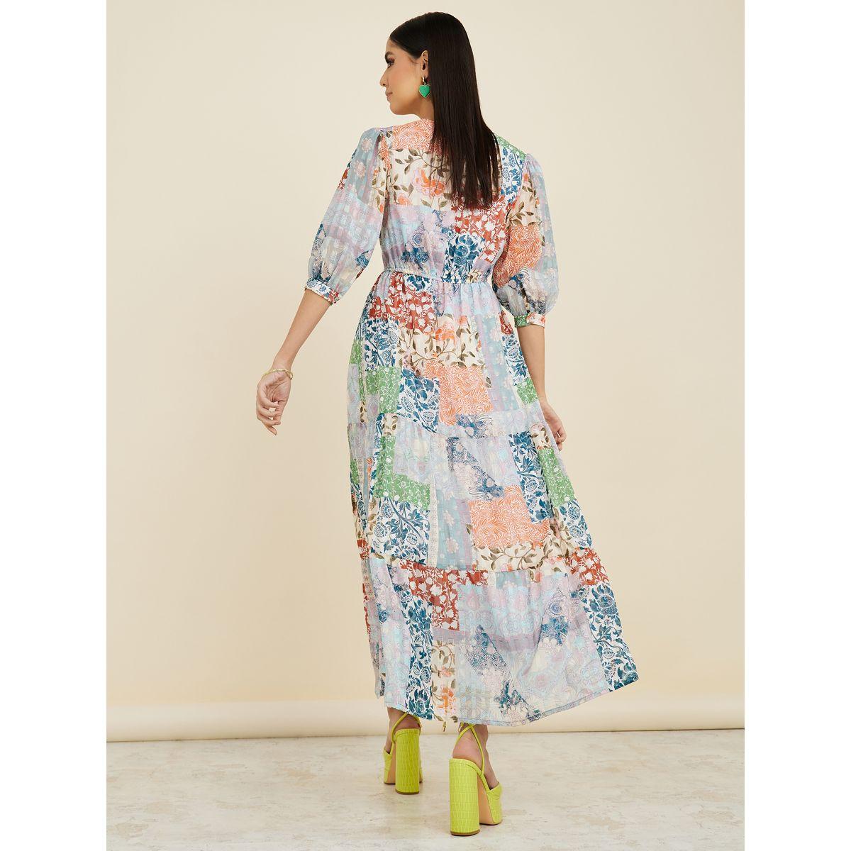 Styli Puff Sleeves Patchwork Print Tiered Maxi Dress-women-clothing-dresses-image-5