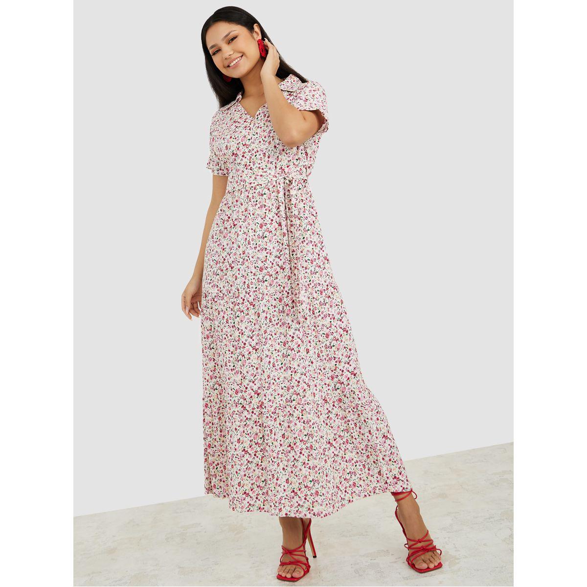 Styli Short Sleeves Floral All Over Print Collared Tiered Maxi Dress-women-clothing-dresses-image-1