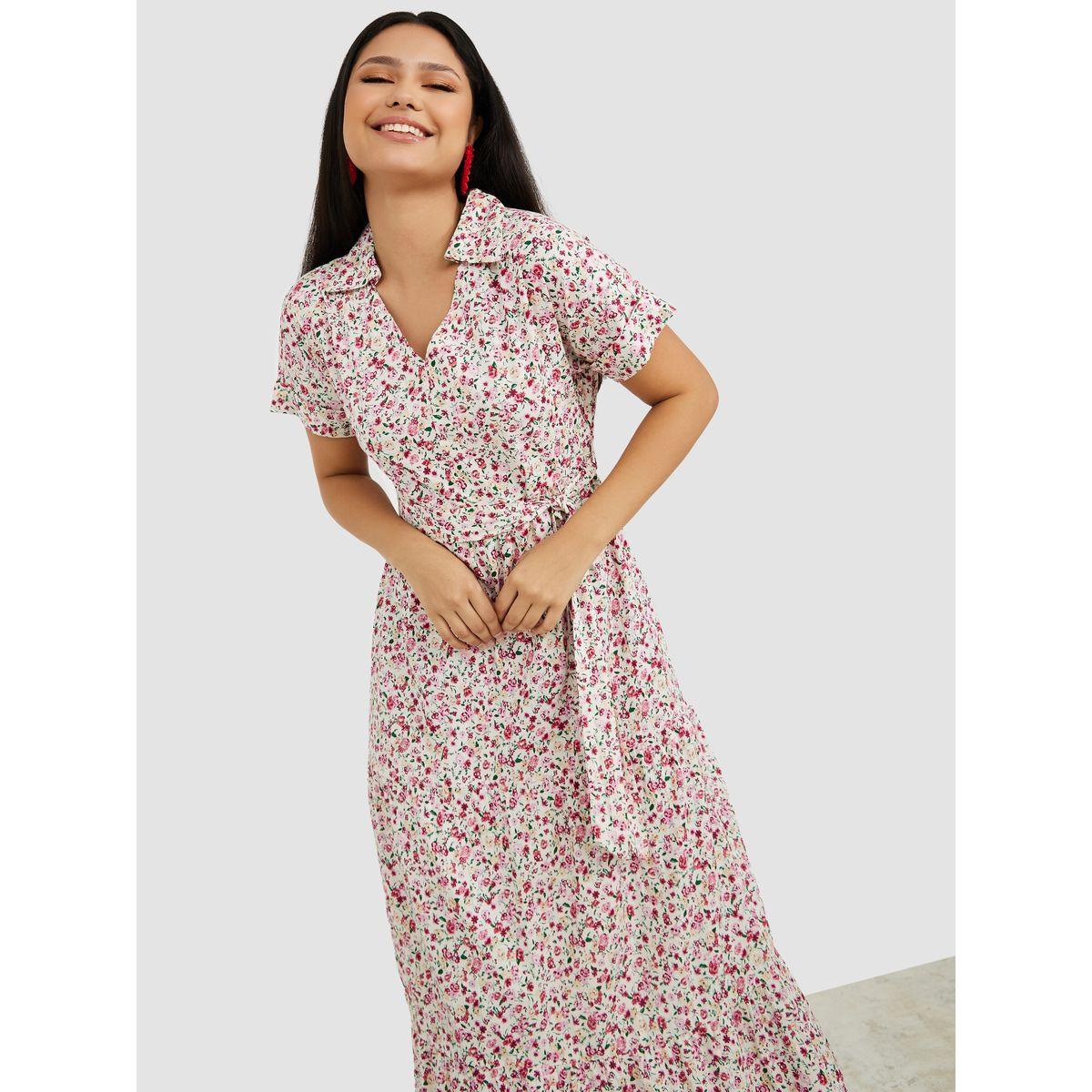Styli Short Sleeves Floral All Over Print Collared Tiered Maxi Dress-women-clothing-dresses-image-2