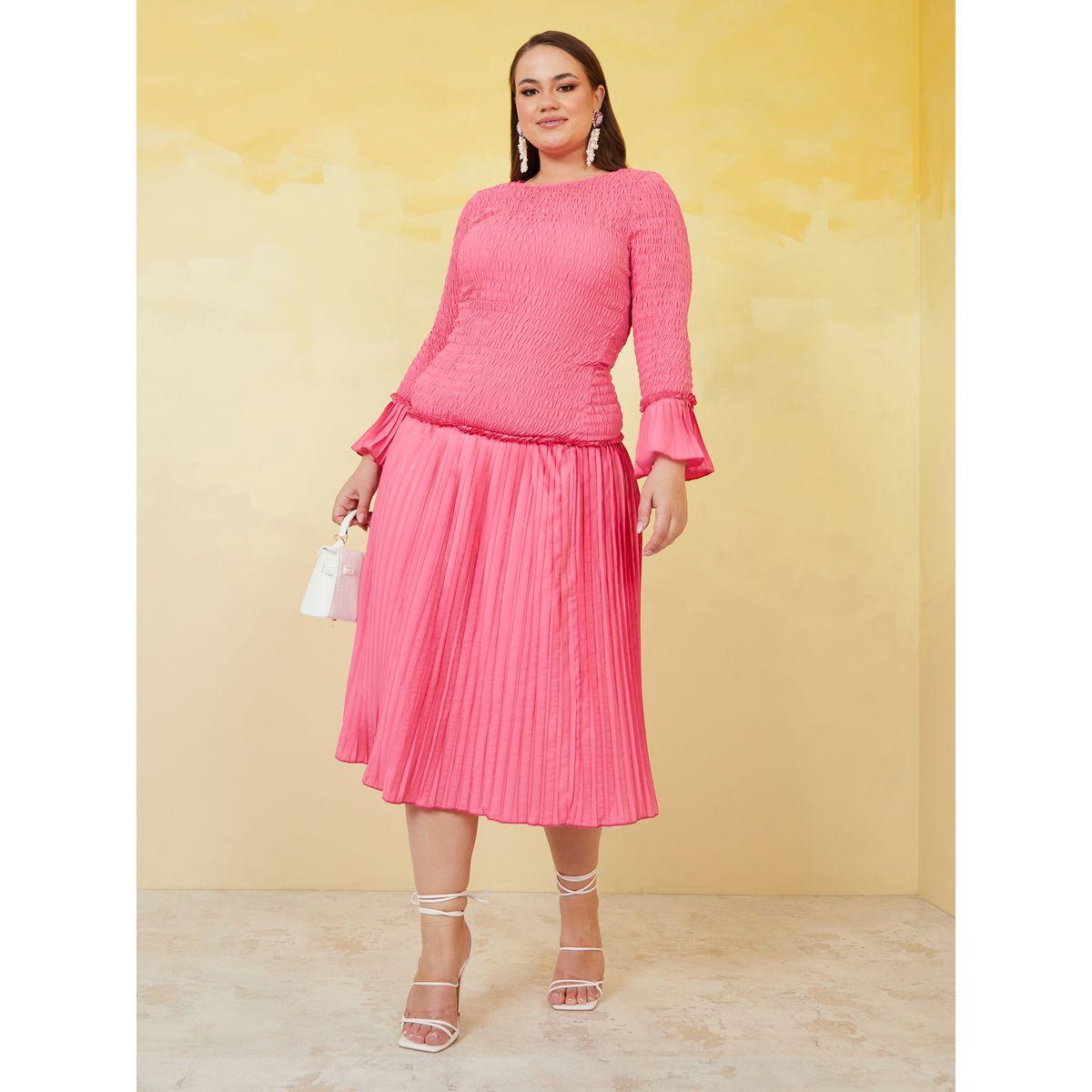 Styli Plus Smocked Pleated Hem A-Line Midi Dress-women-clothing-dresses-image-2