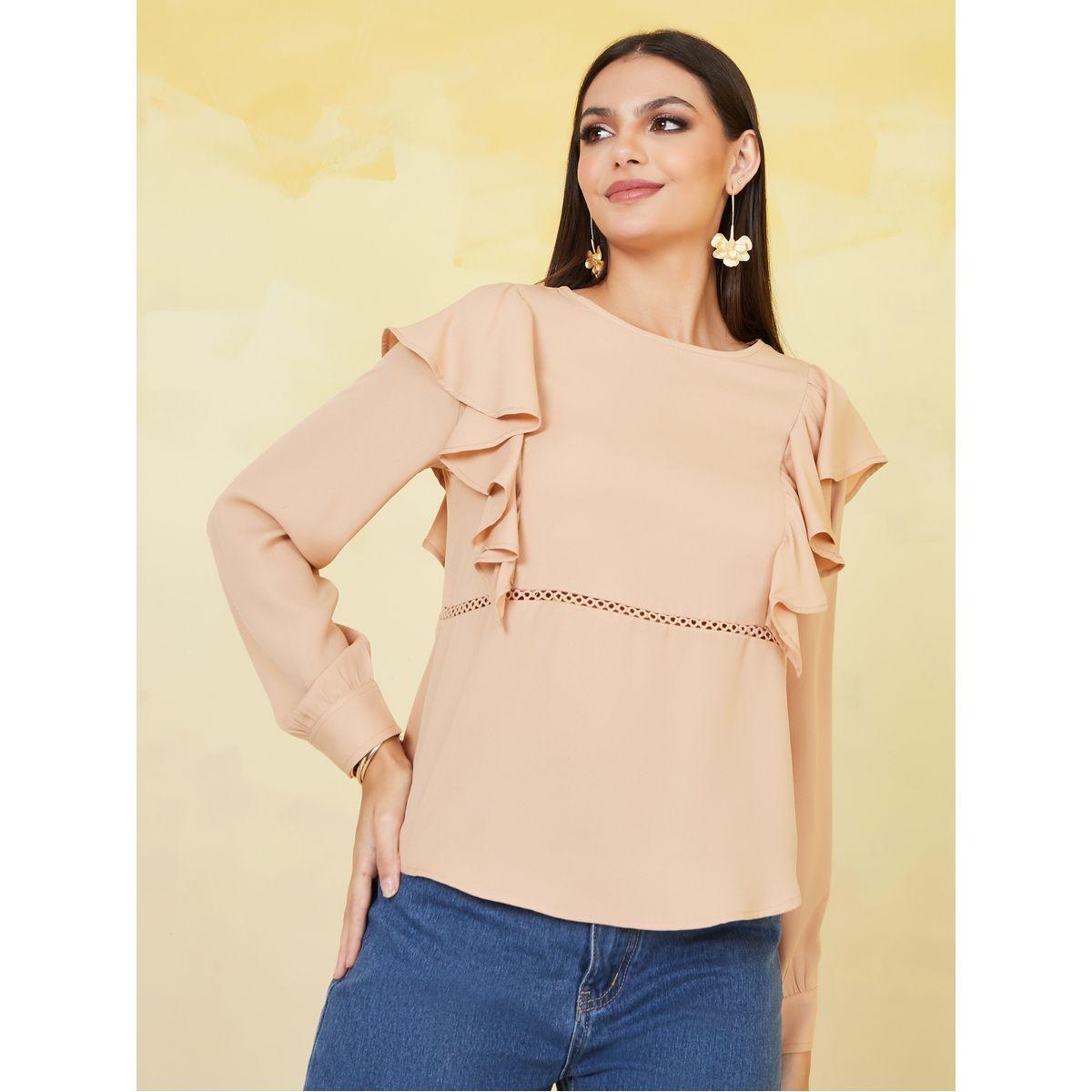 Styli Moss Crepe Frill Round Neck Blouse with Lace Detail-women-clothing-shirtsandblouses-blouses-image-1