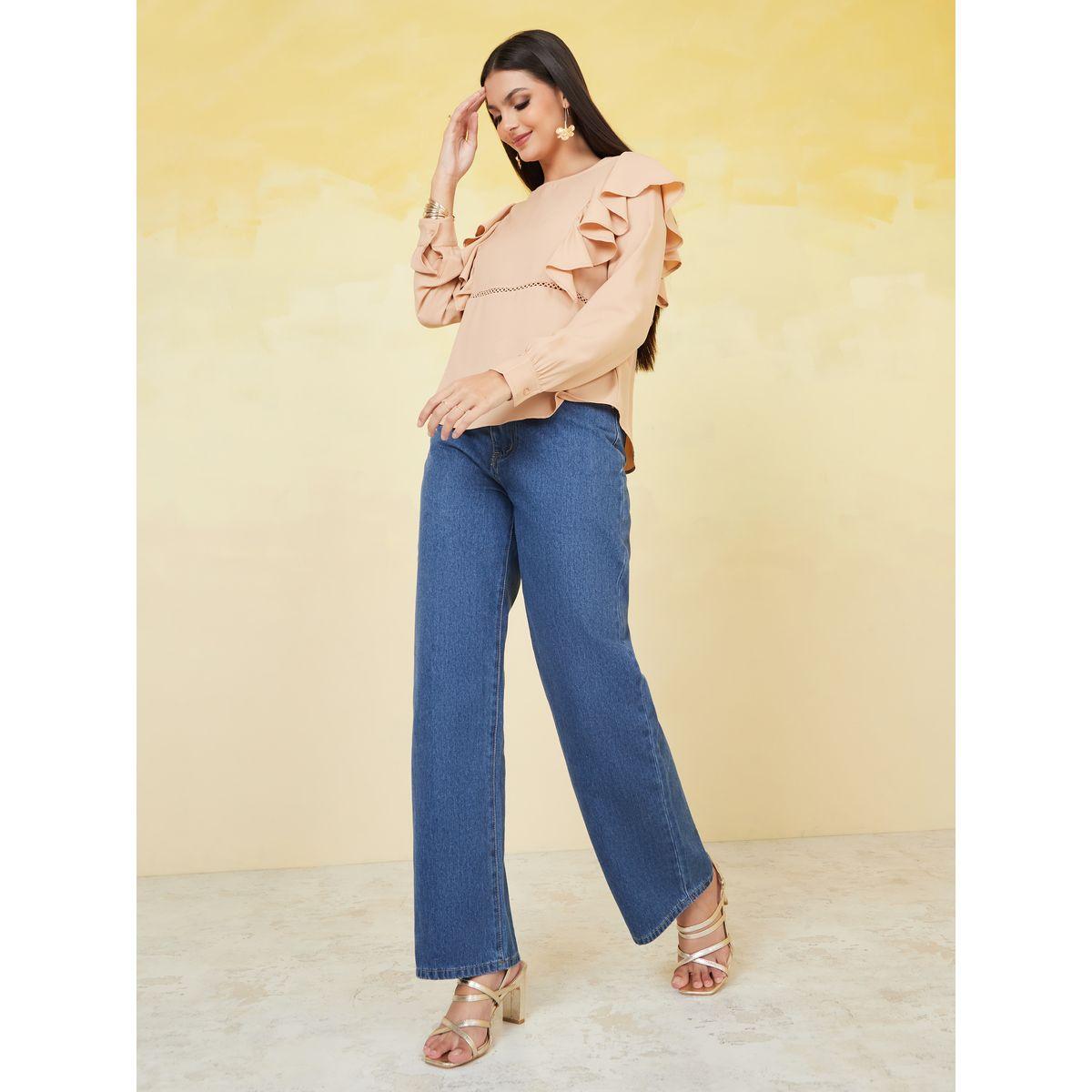 Styli Moss Crepe Frill Round Neck Blouse with Lace Detail-women-clothing-shirtsandblouses-blouses-image-2