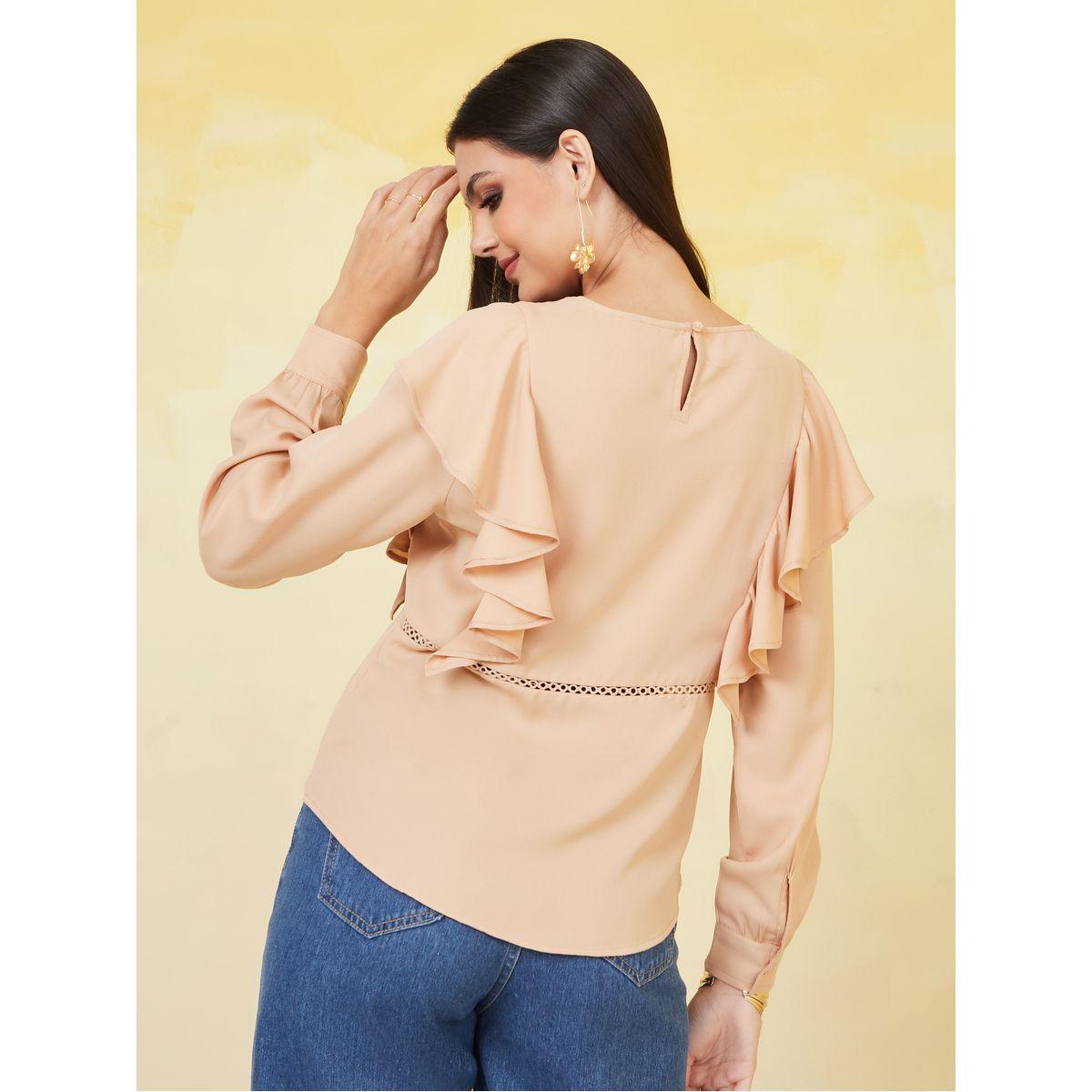 Styli Moss Crepe Frill Round Neck Blouse with Lace Detail-women-clothing-shirtsandblouses-blouses-image-4