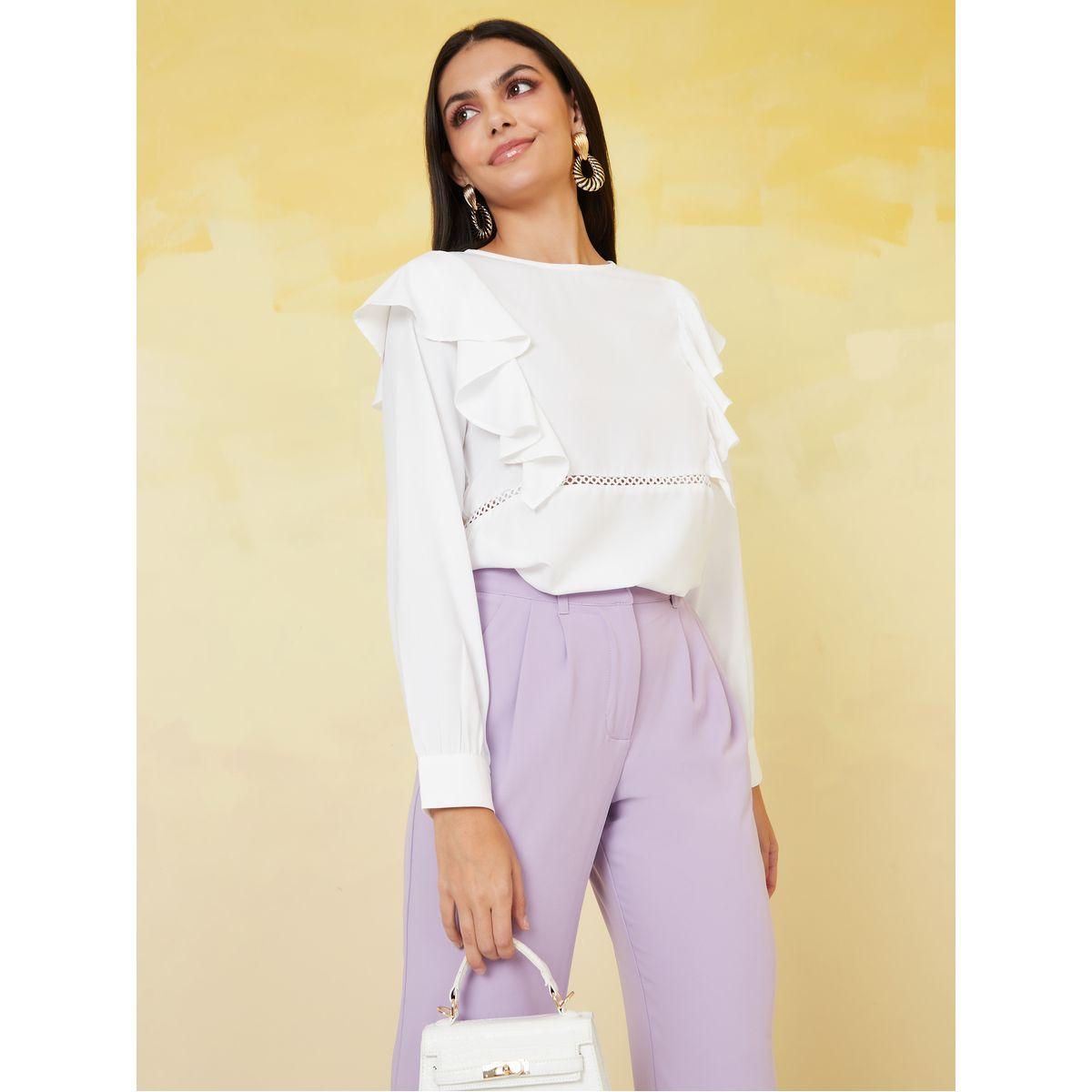 Styli Moss Crepe Frill Round Neck Blouse with Lace Detail-women-clothing-shirtsandblouses-blouses-image-1
