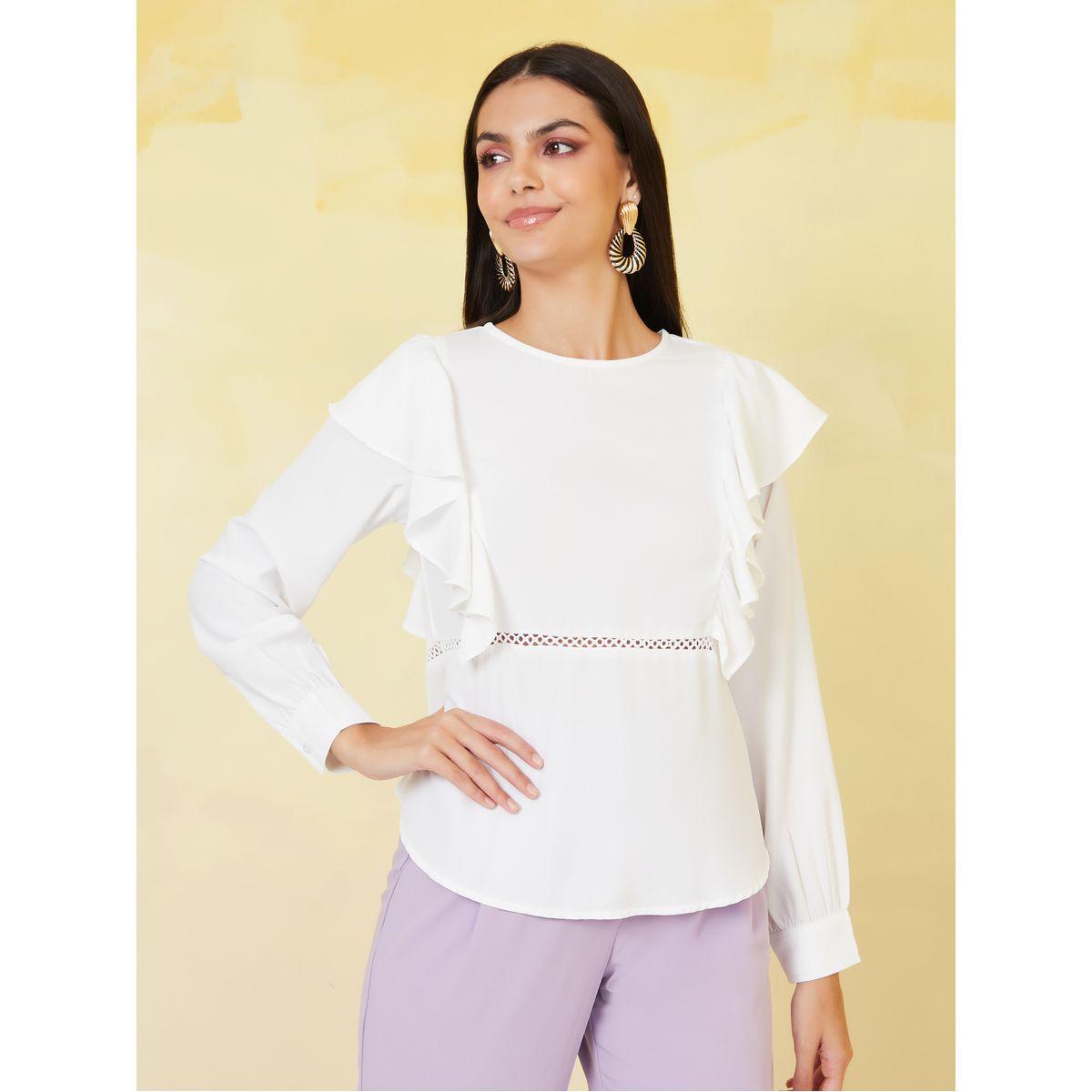 Styli Moss Crepe Frill Round Neck Blouse with Lace Detail-women-clothing-shirtsandblouses-blouses-image-3