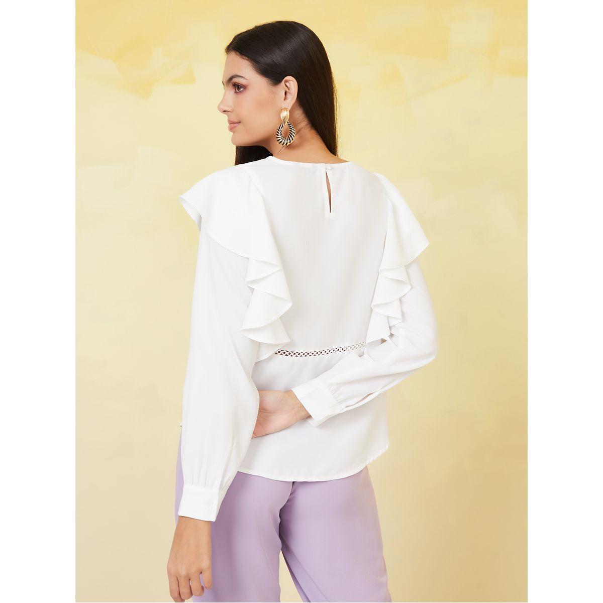 Styli Moss Crepe Frill Round Neck Blouse with Lace Detail-women-clothing-shirtsandblouses-blouses-image-5