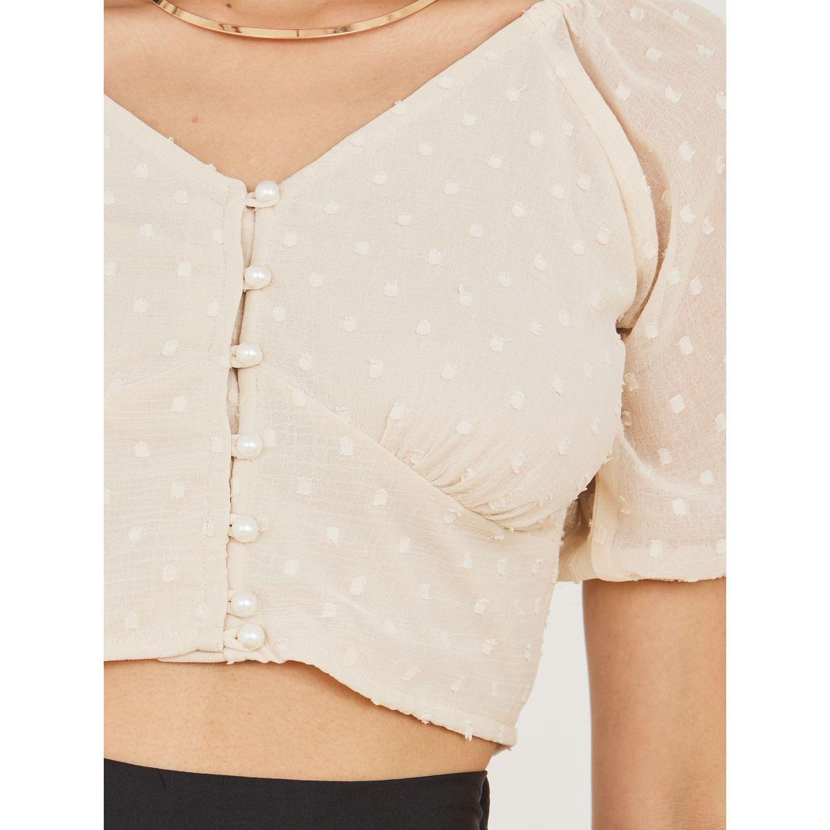 Styli Dobby Pearl Button Loop Closure Crop Blouse -women-clothing-shirtsandblouses-blouses-image-4
