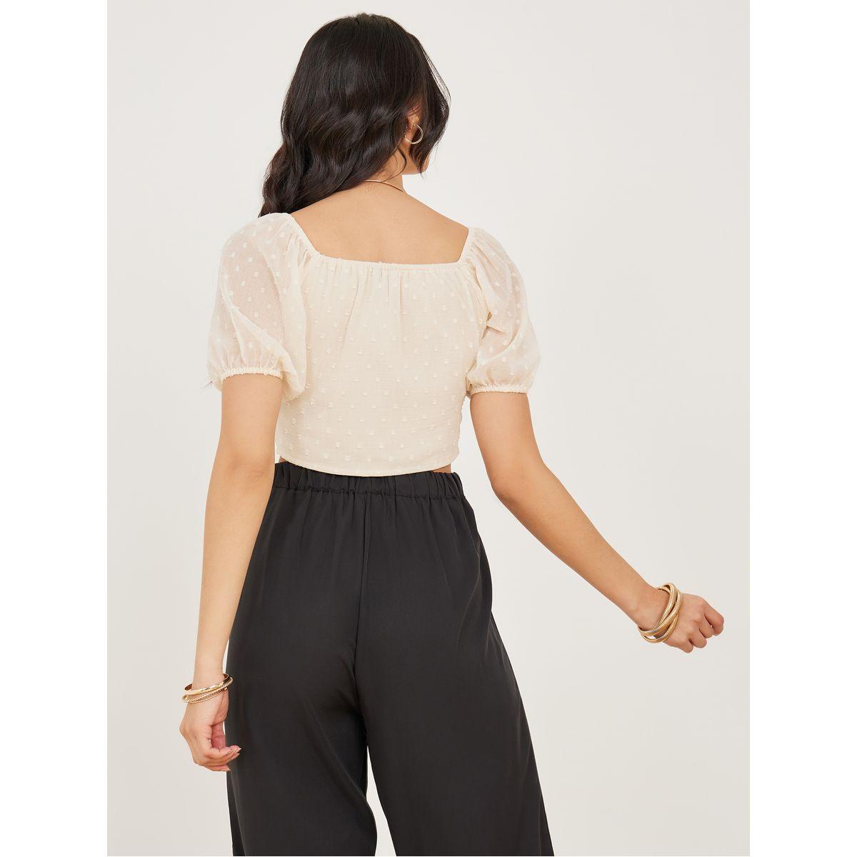 Styli Dobby Pearl Button Loop Closure Crop Blouse -women-clothing-shirtsandblouses-blouses-image-5
