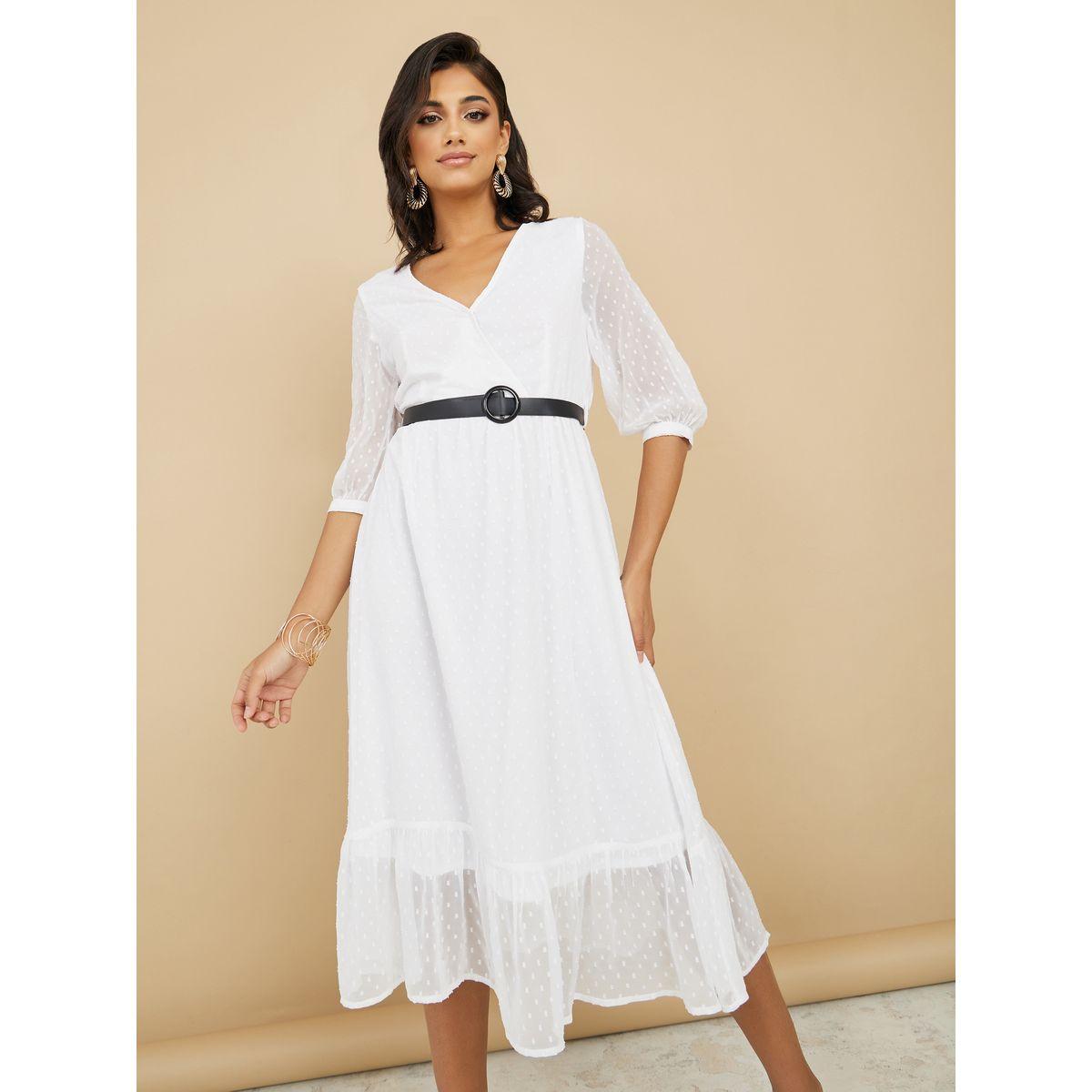 Styli 3/4 Sleeve Dobby A-Line Midi Dress-women-clothing-dresses-image-1
