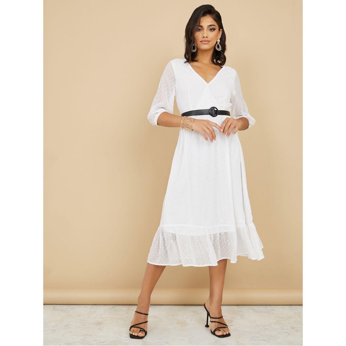 Styli 3/4 Sleeve Dobby A-Line Midi Dress-women-clothing-dresses-image-2