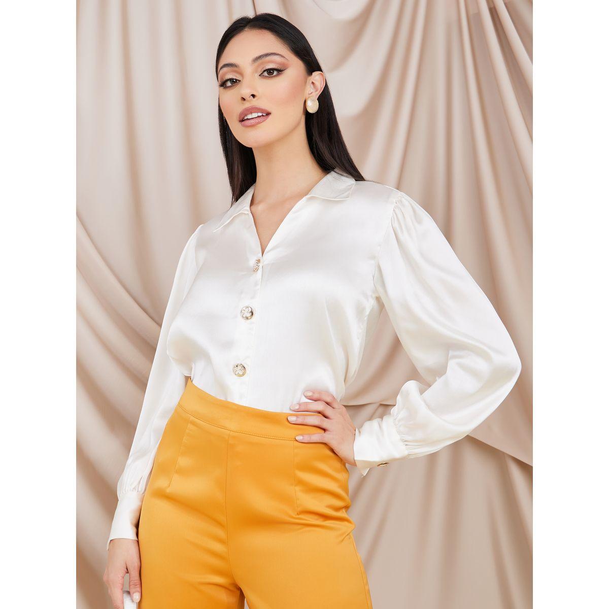 Styli Satin Gold Button Collared Blouse -women-clothing-shirtsandblouses-shirts-image-1