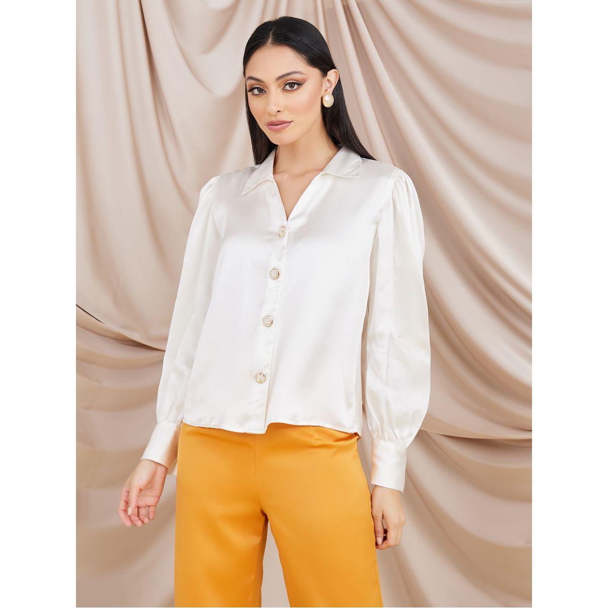 Styli Satin Gold Button Collared Blouse -women-clothing-shirtsandblouses-shirts-image-3