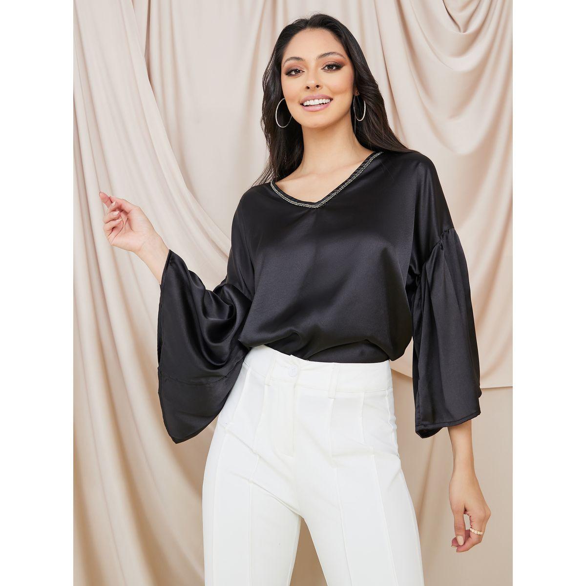 بلوزة ساتان بأكمام مزينة بكشكشة-women-clothing-shirtsandblouses-blouses-image-1