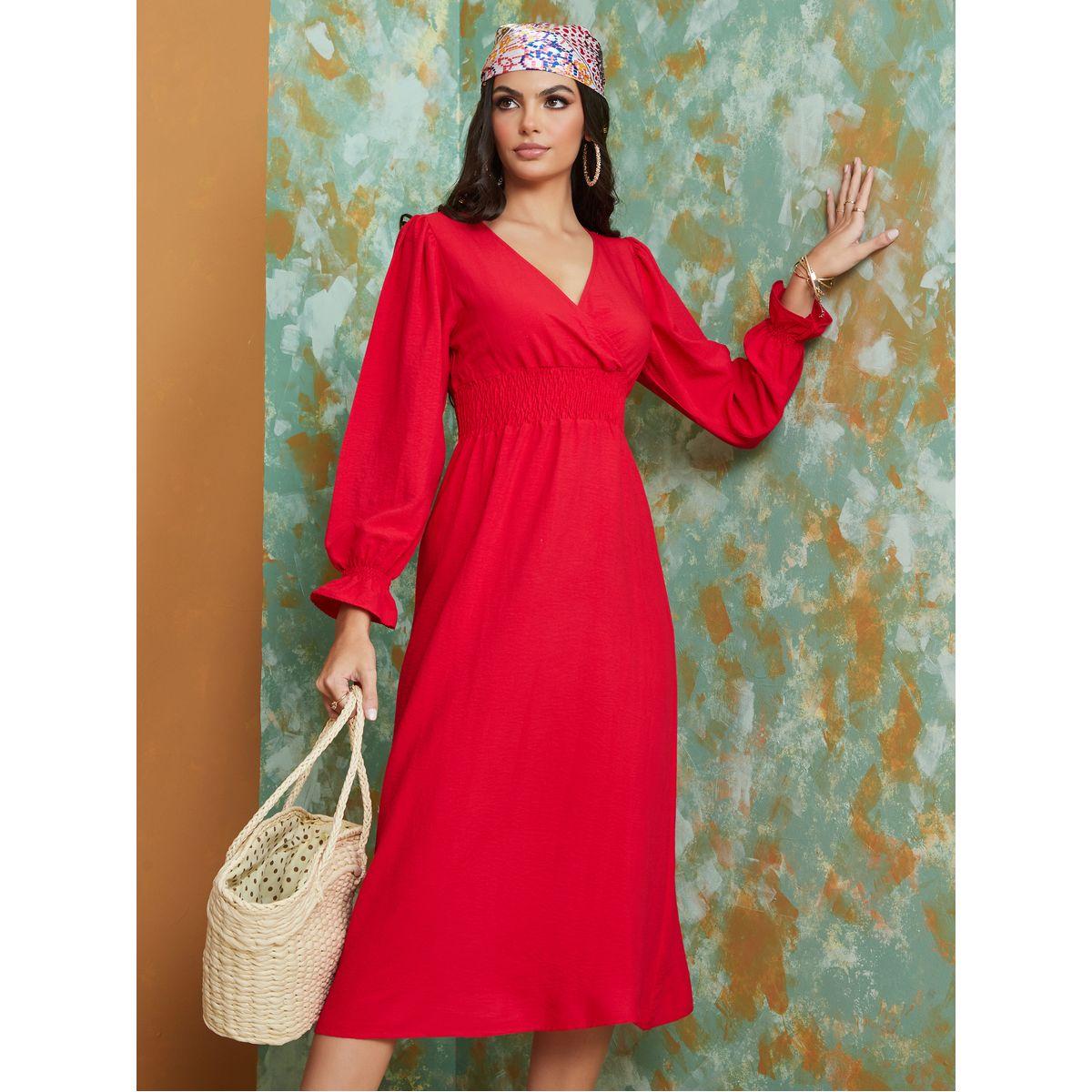 فستان ميدي بخصر بتفاصيل مزمومة-women-clothing-dresses-image-2