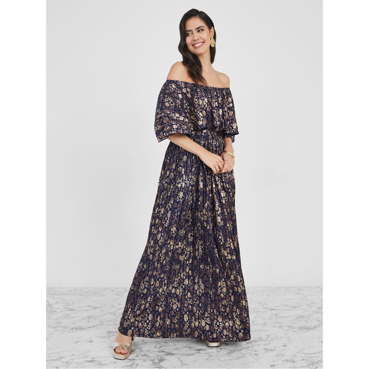 Styli Off Shoulder Floral Gold Foil Print Maxi Dress-women-clothing-dresses-image-1