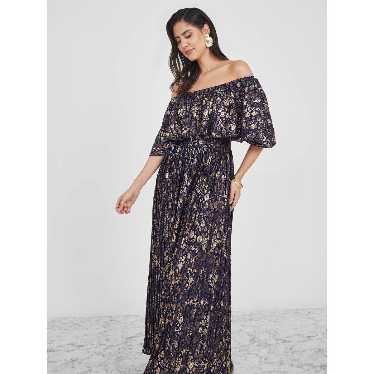 Styli Off Shoulder Floral Gold Foil Print Maxi Dress-women-clothing-dresses-image-2
