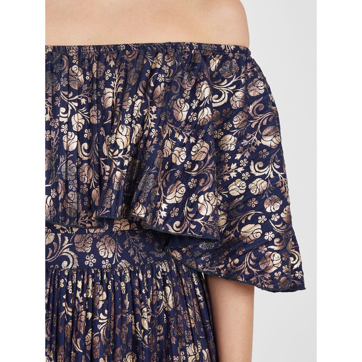Styli Off Shoulder Floral Gold Foil Print Maxi Dress-women-clothing-dresses-image-3